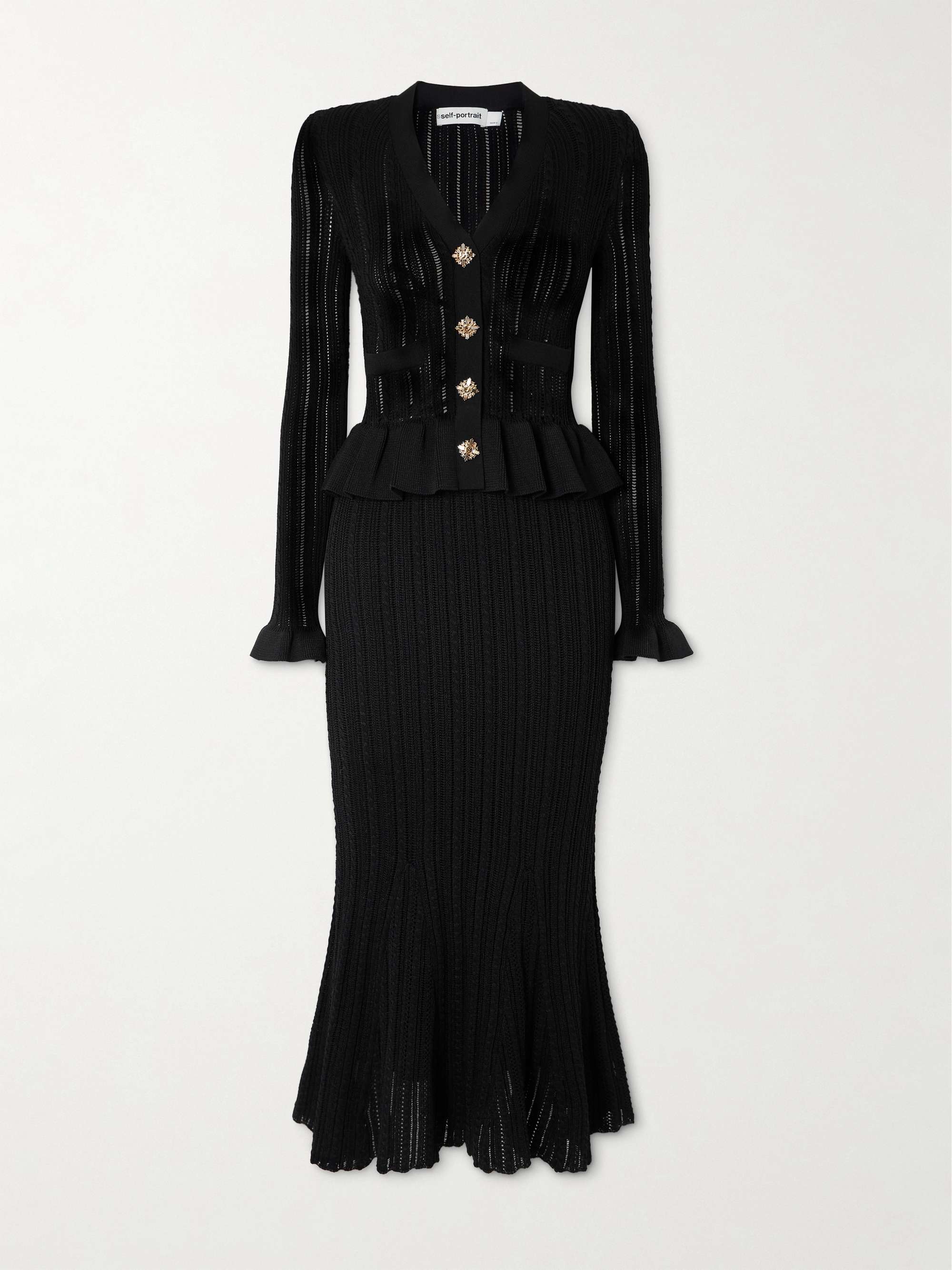 Crystal-embellished pointelle-knit peplum midi dress hero visual