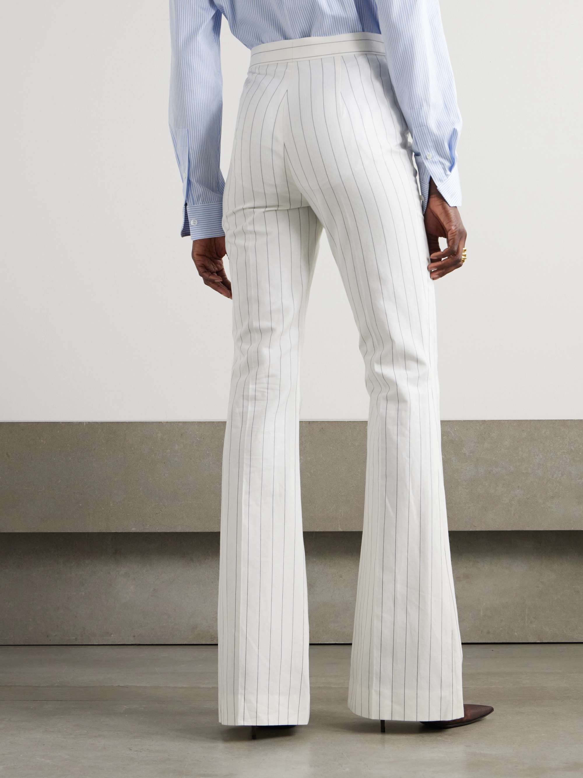 Neeva pinstriped cotton, linen and wool-blend flared pants view
