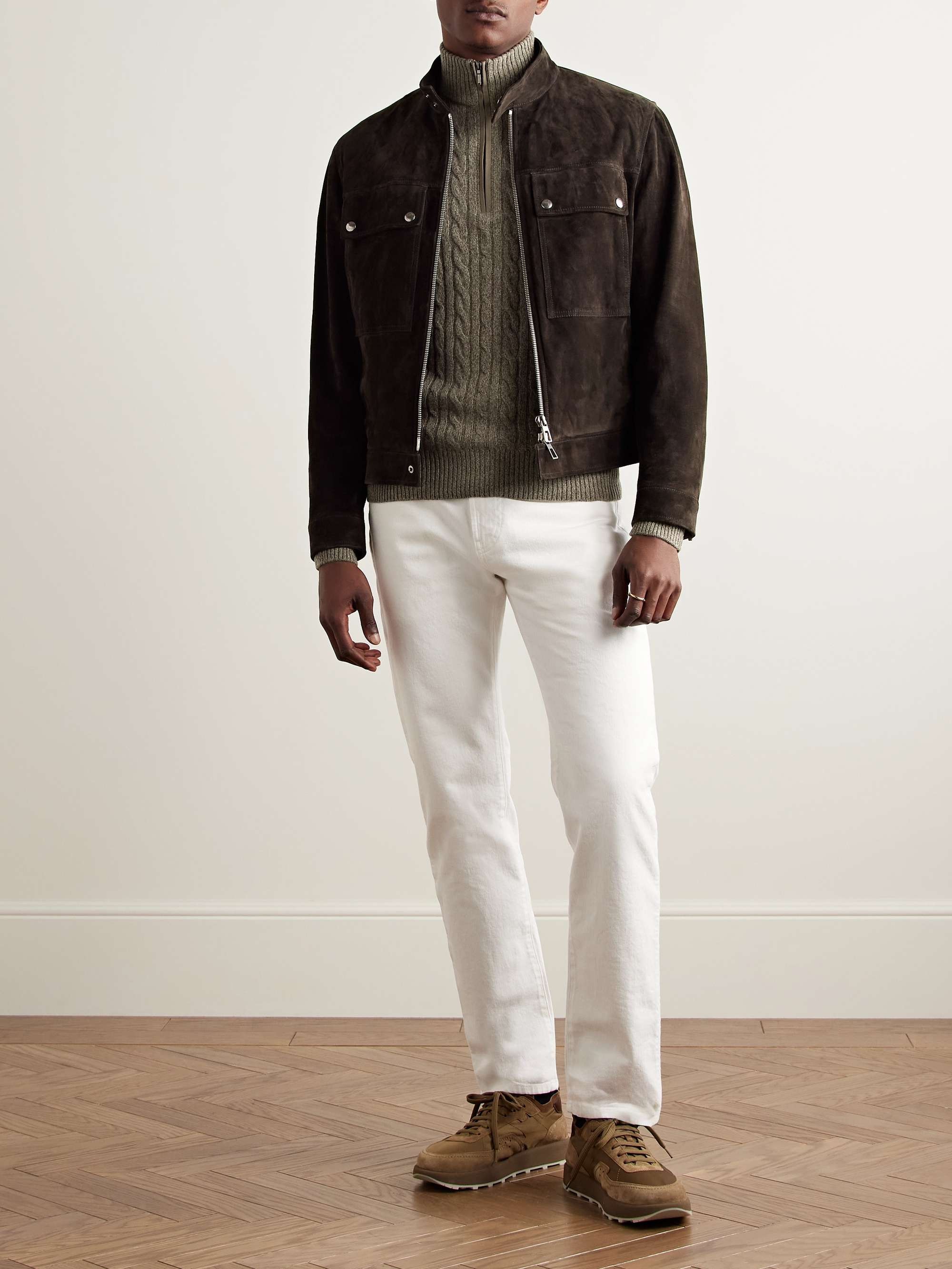 Slim-Fit Suede-Trimmed Cable-Knit Baby Cashmere Half-Zip Sweater view