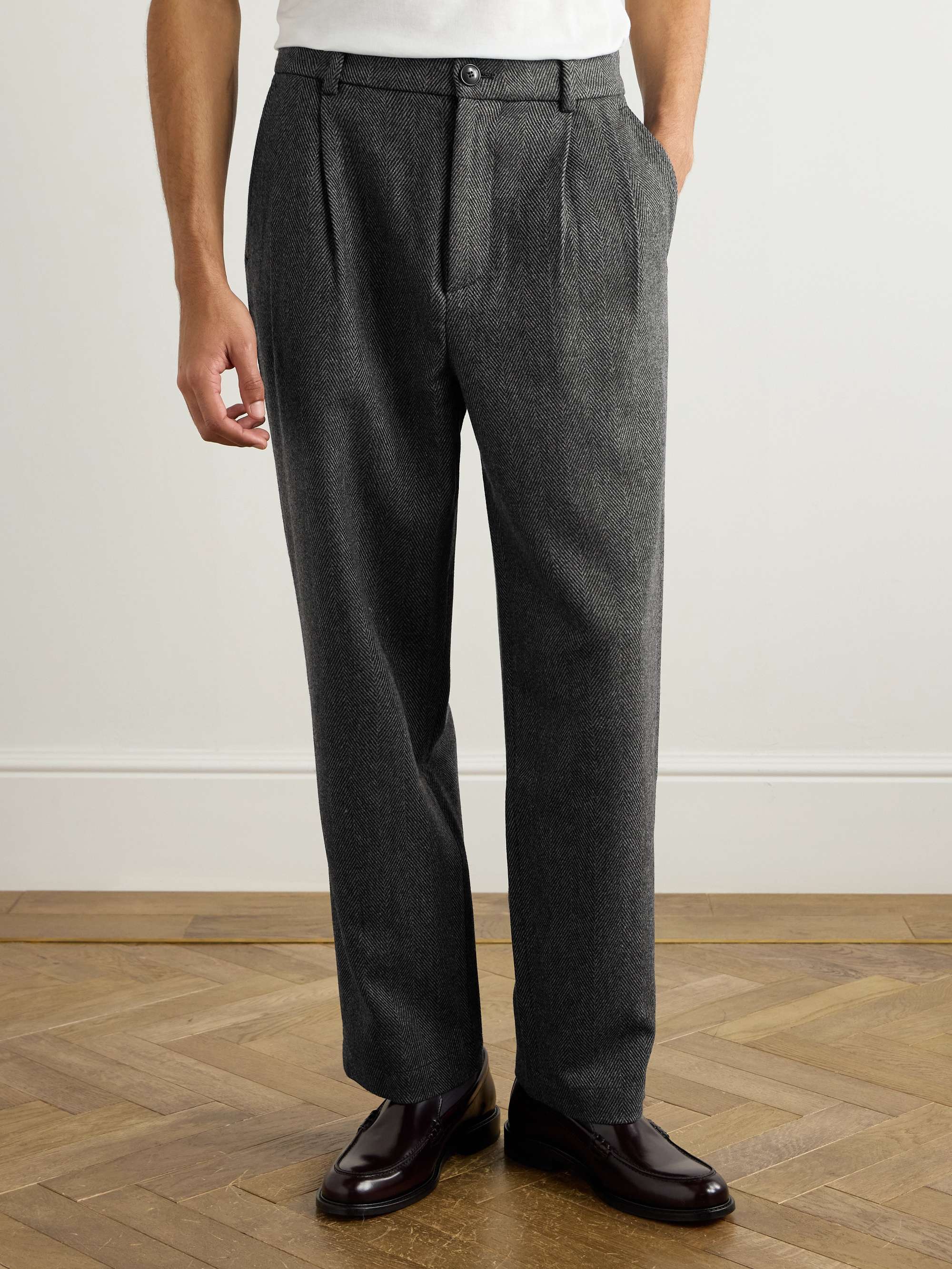 Traveler Straight-Leg Pleated Herringbone Wool and Cashmere-Blend Trousers view