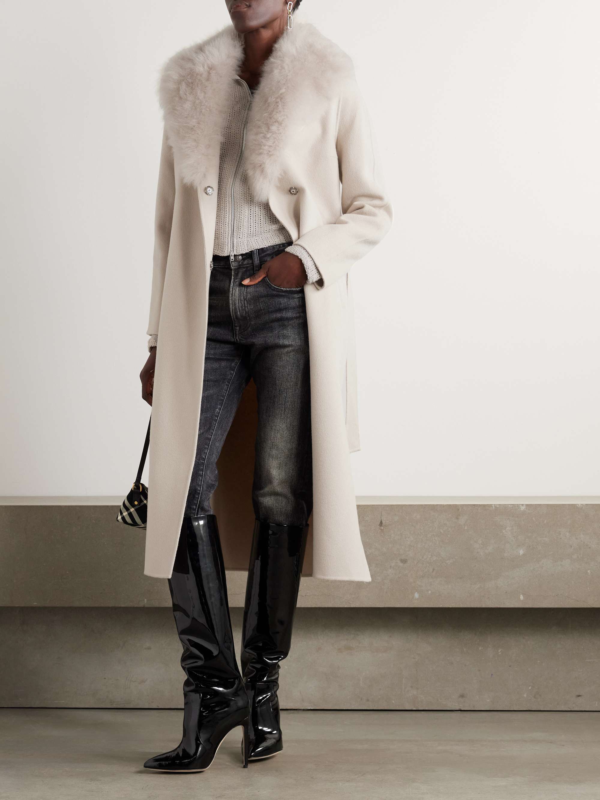 Belted shearling-trimmed wool and cashmere-blend coat view