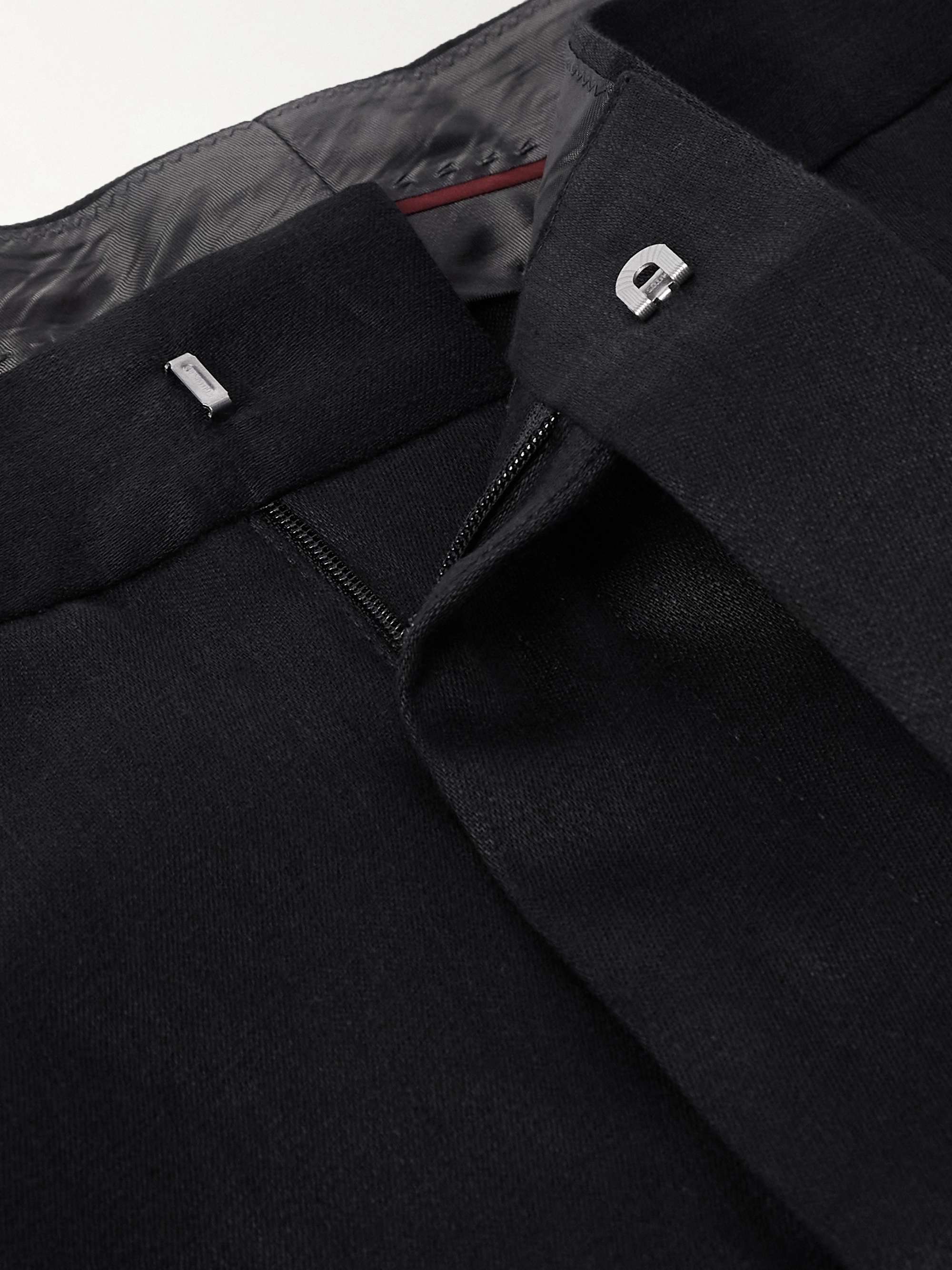 Tapered Pleated Cotton and Silk-Blend Satin-Trimmed Linen Tuxedo Trousers view