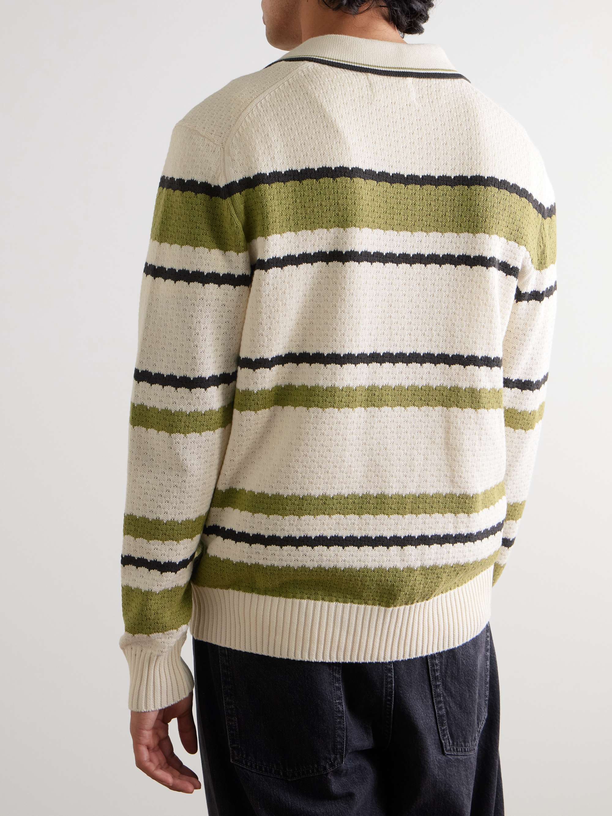 Alfie 6636 Striped Pointelle-Knit Organic Cotton Polo Shirt view