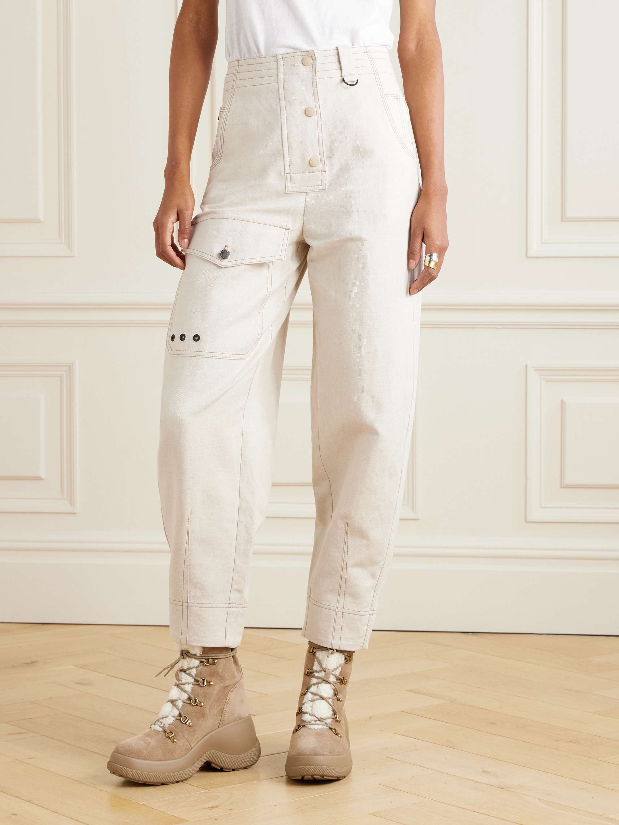 Eyelet-embellished cotton and linen-blend canvas tapered cargo pants view