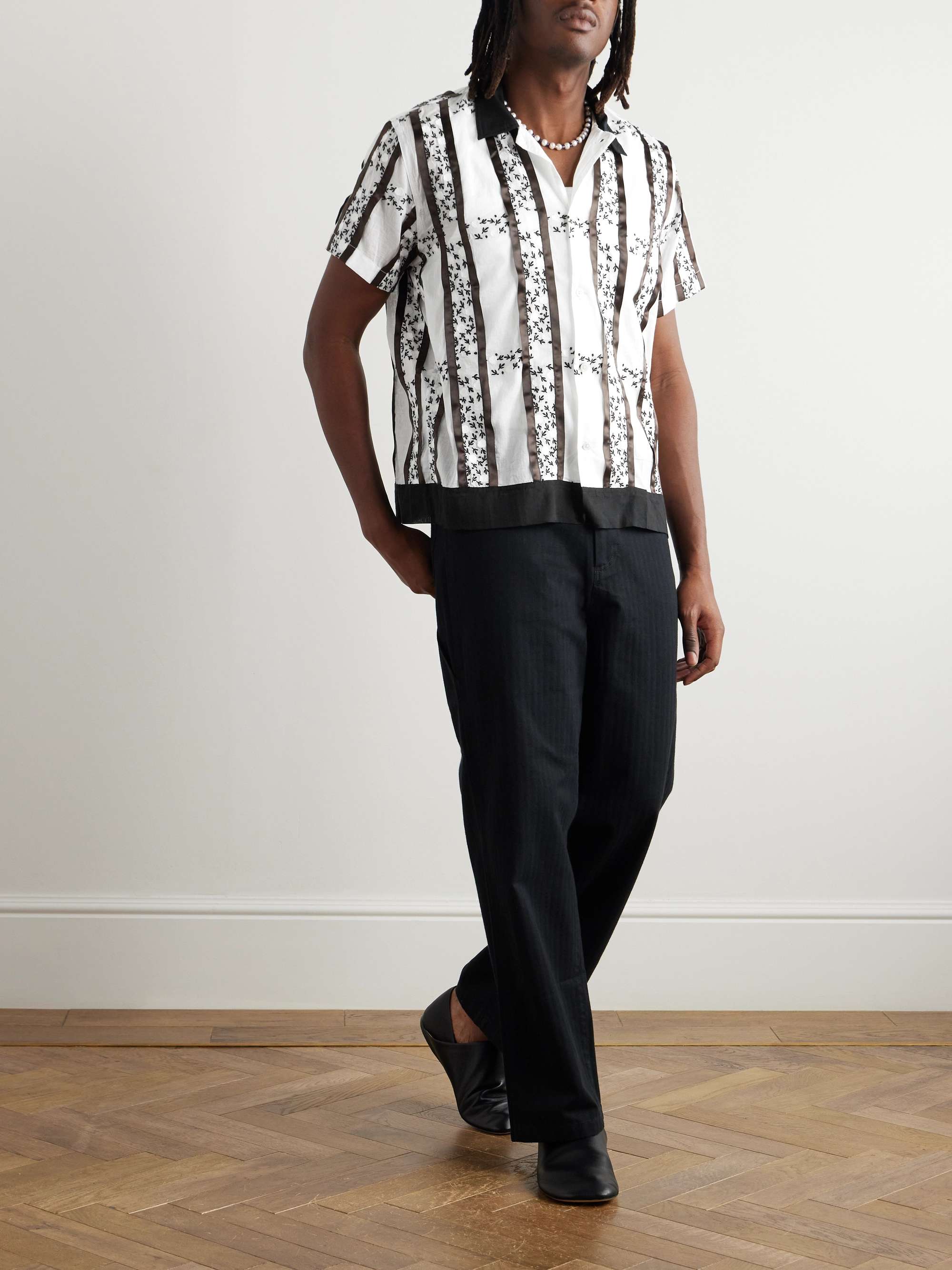 Camp-Collar Satin-Trimmed Embroidered Cotton-Voile Shirt view