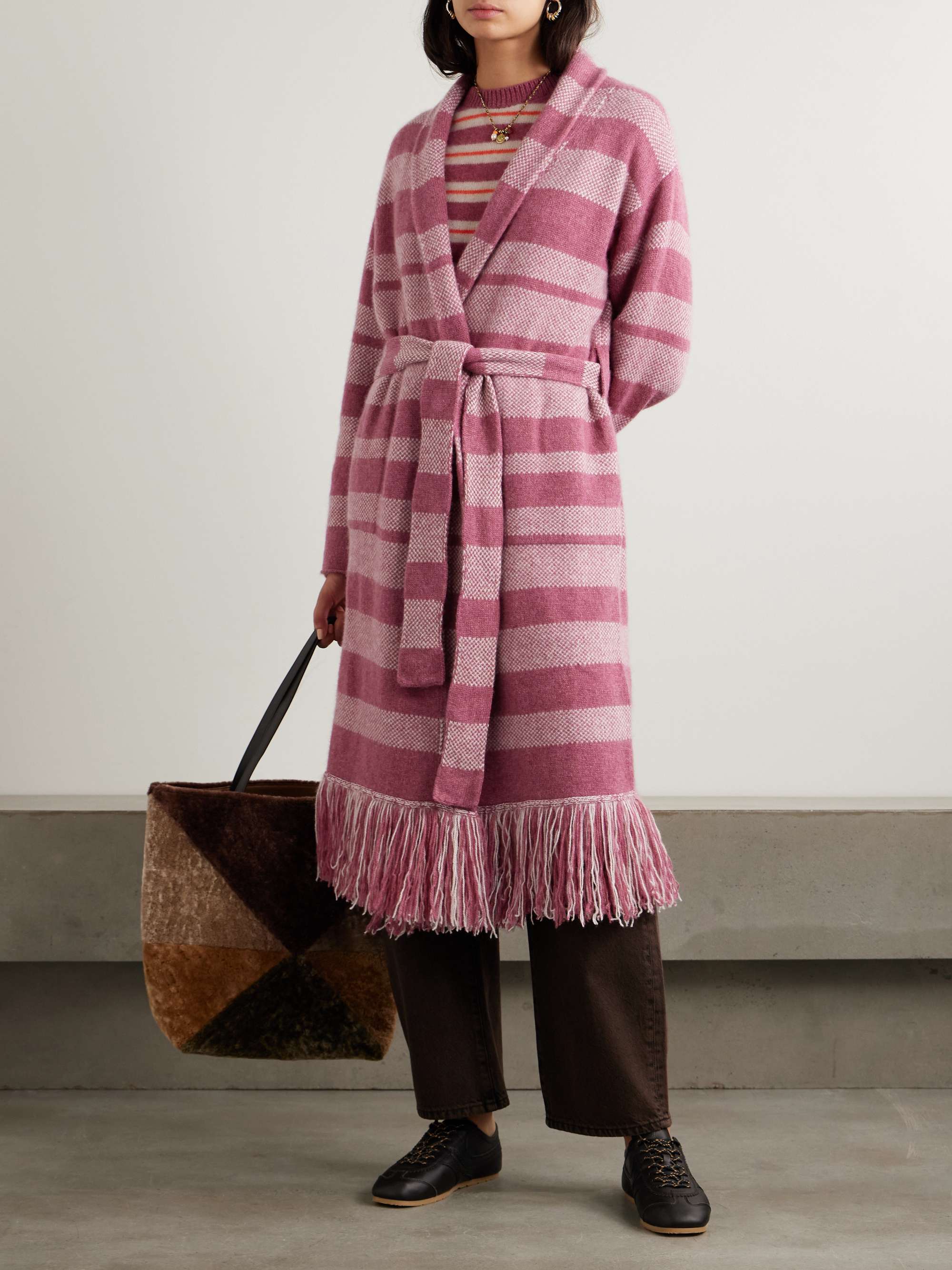 Subway belted fringed striped cashmere cardigan view