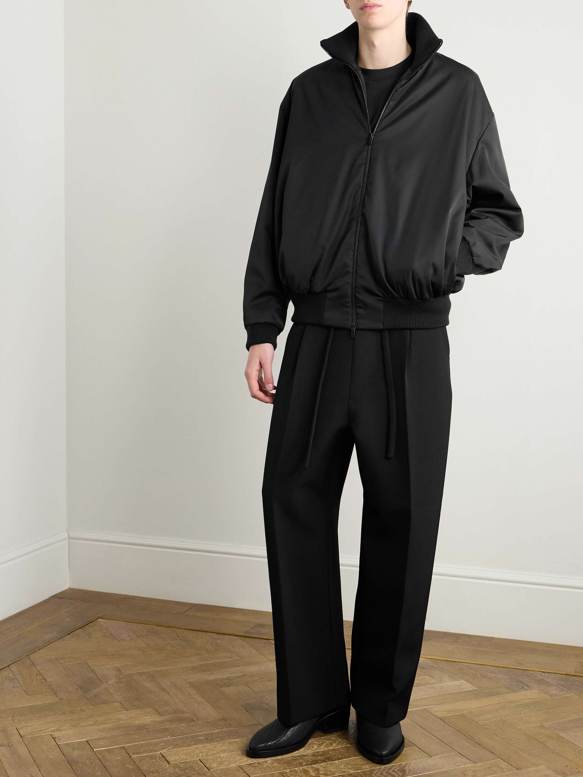Wide-Leg Pleated Wool and Cotton-Blend Twill Drawstring Trousers view