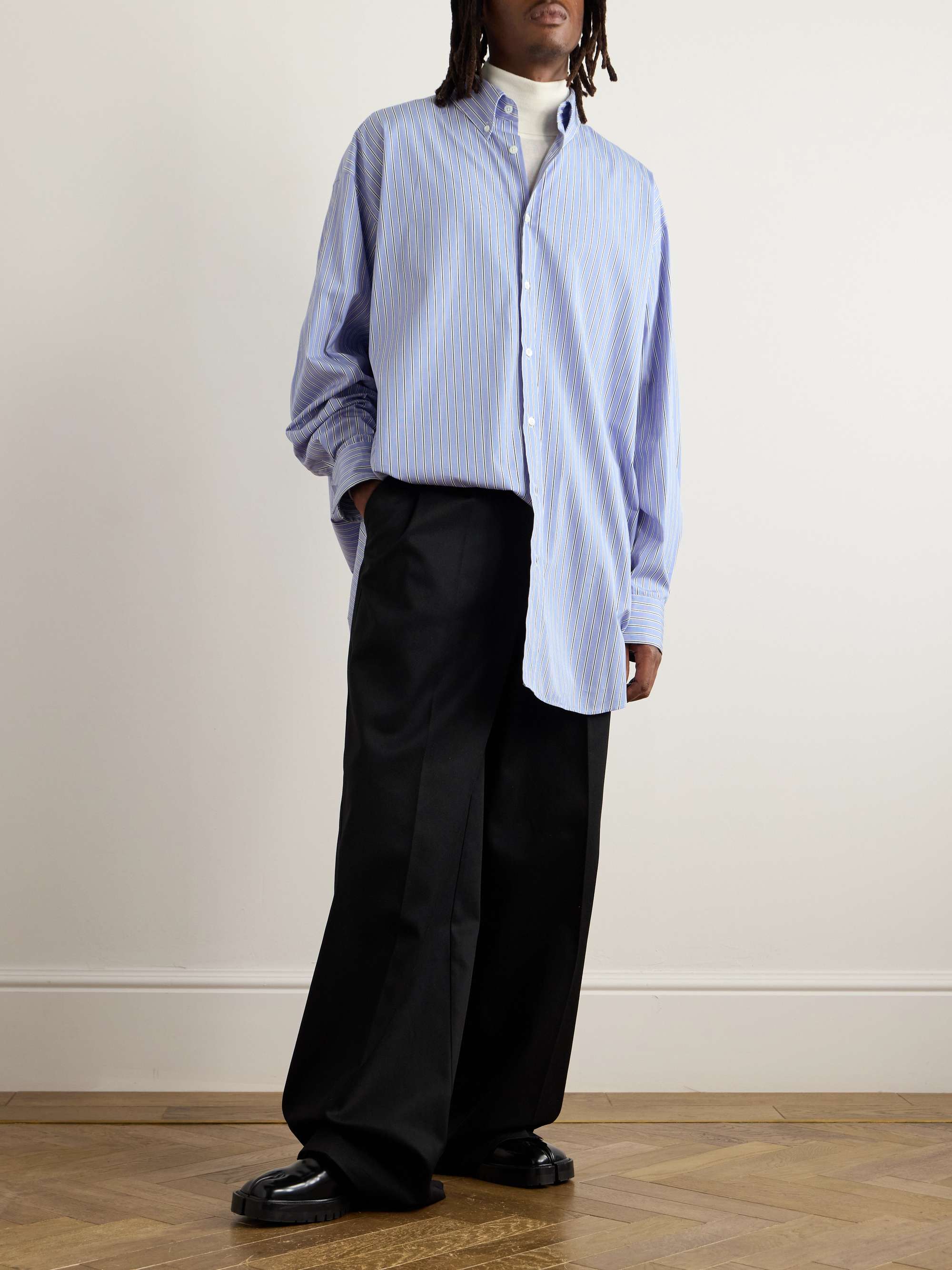 Oversized Button-Down Collar Striped Cotton Oxford Shirt view