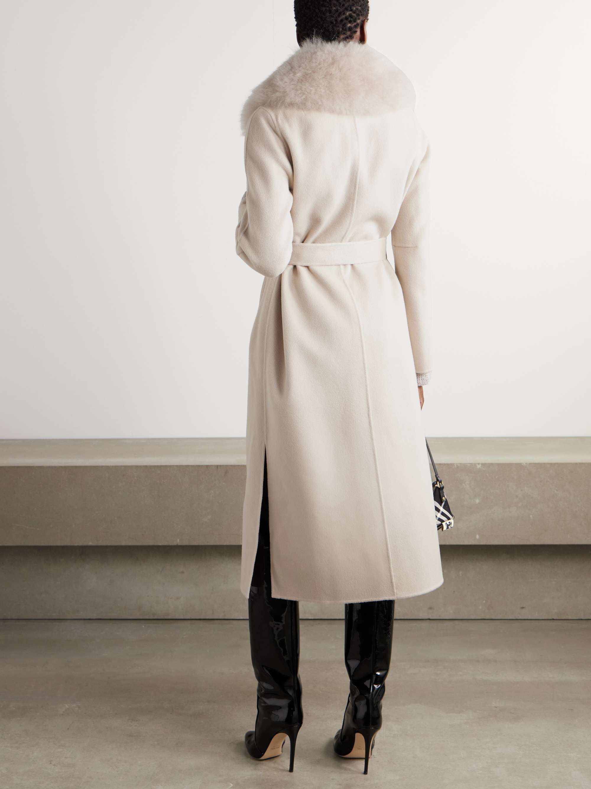 Belted shearling-trimmed wool and cashmere-blend coat view