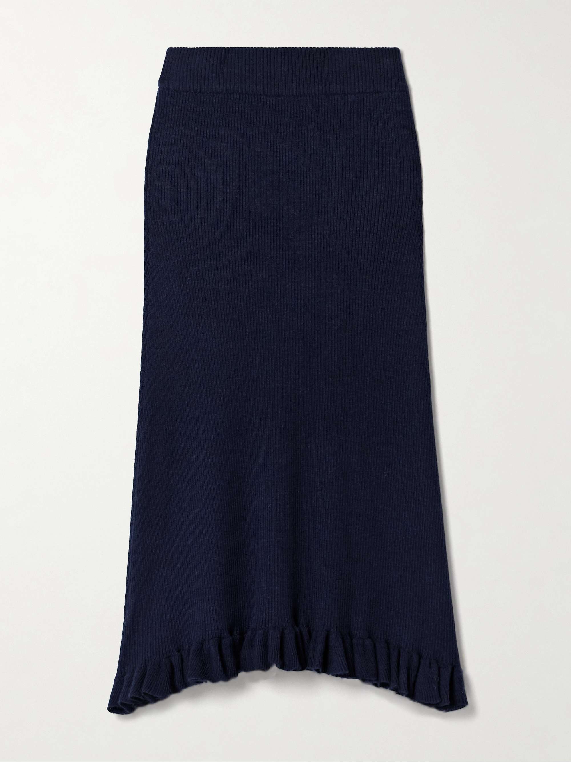 The Grace asymmetric ruffled ribbed cashmere midi skirt hero visual