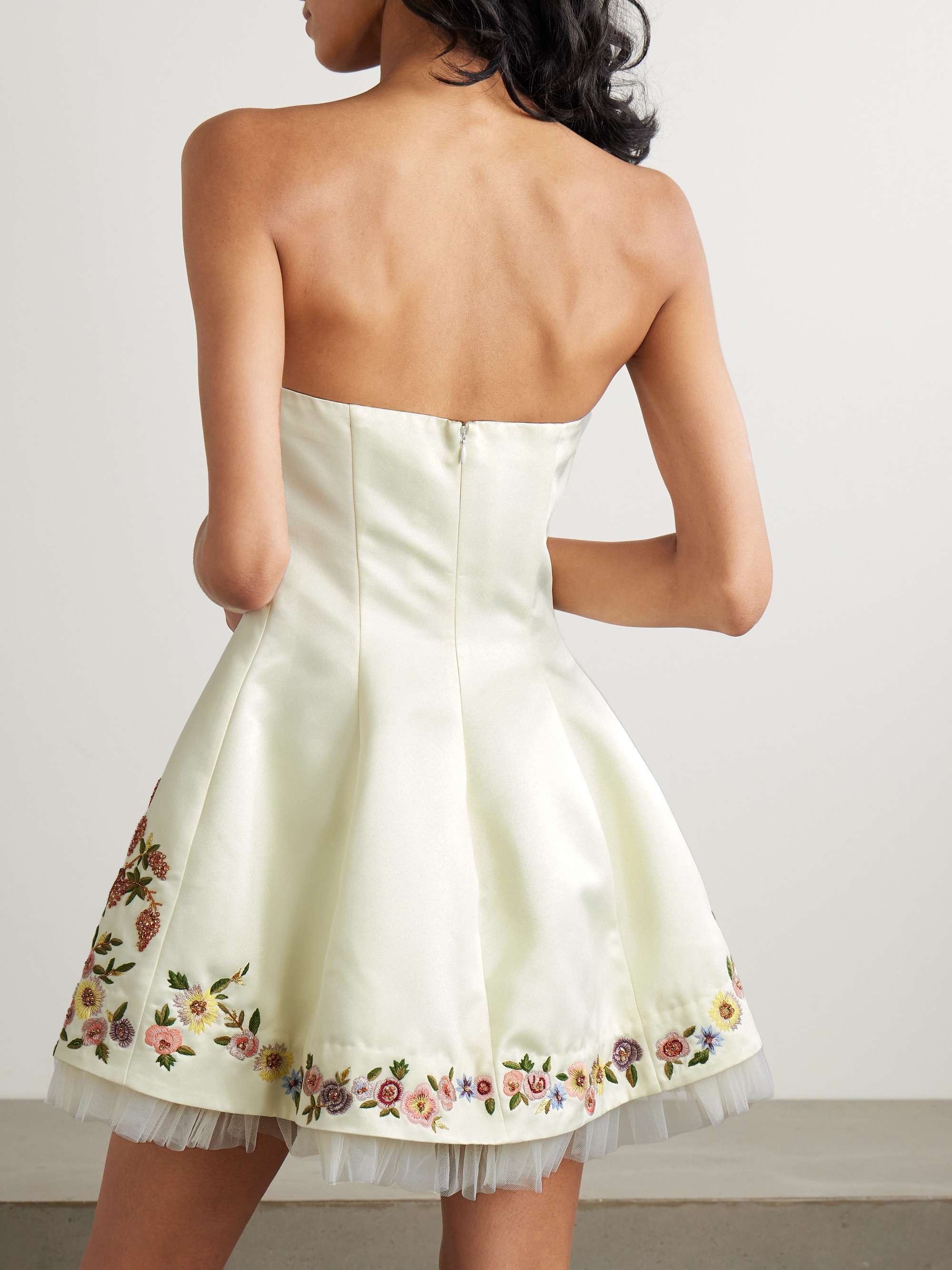 Peacock strapless tulle-trimmed embroidered crepe mini dress view
