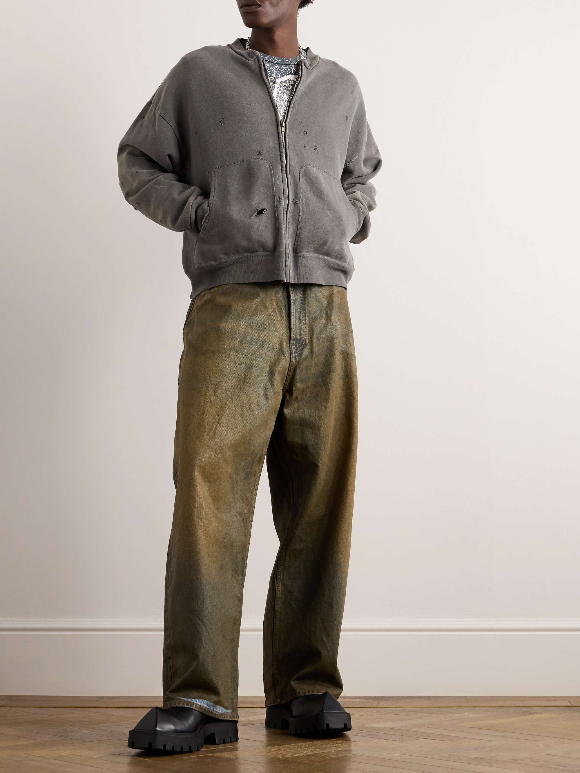 Distressed Cotton-Jersey Bomber Jacket view
