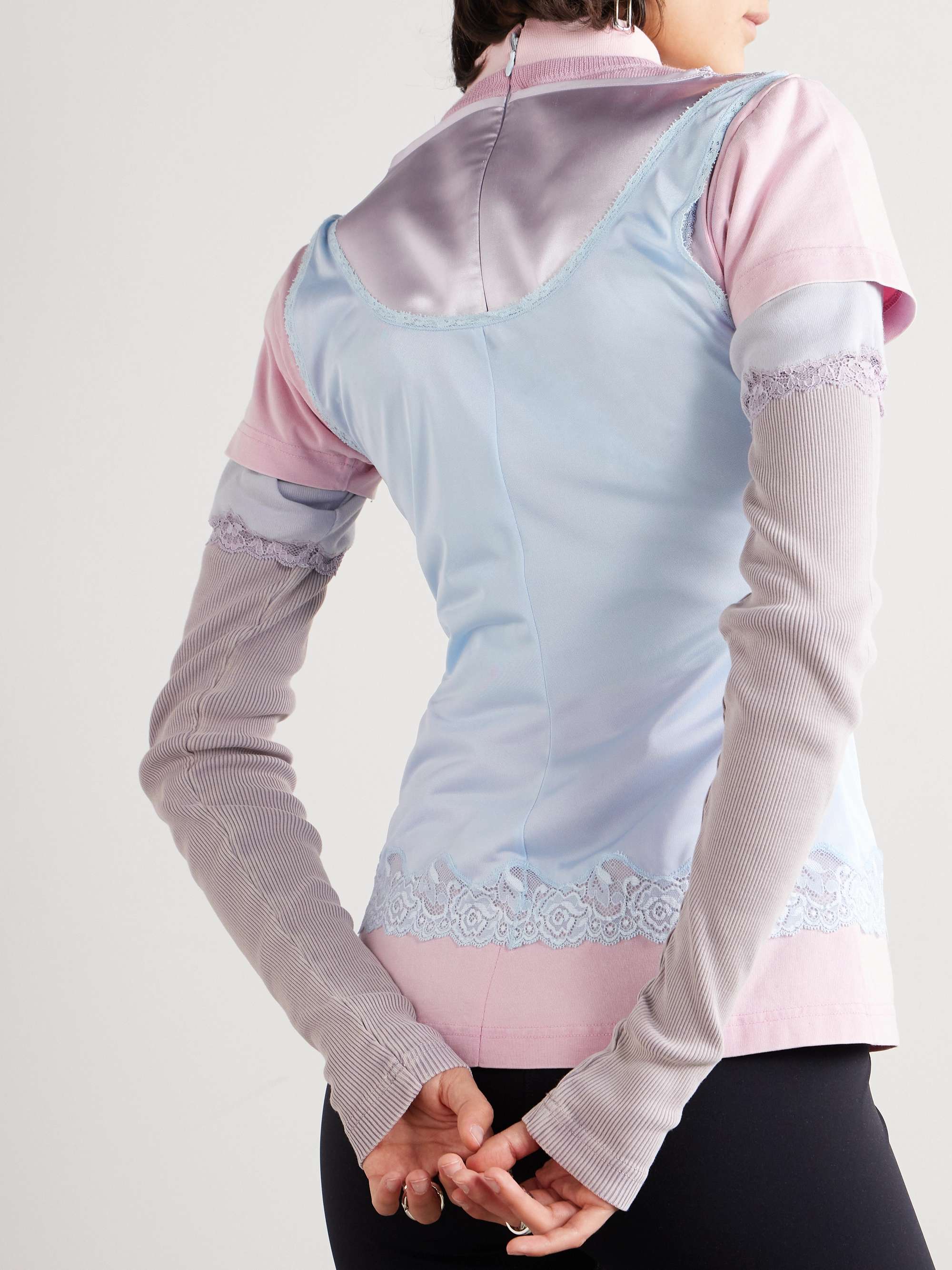Bow-detailed layered lace-trimmed satin and jersey top view