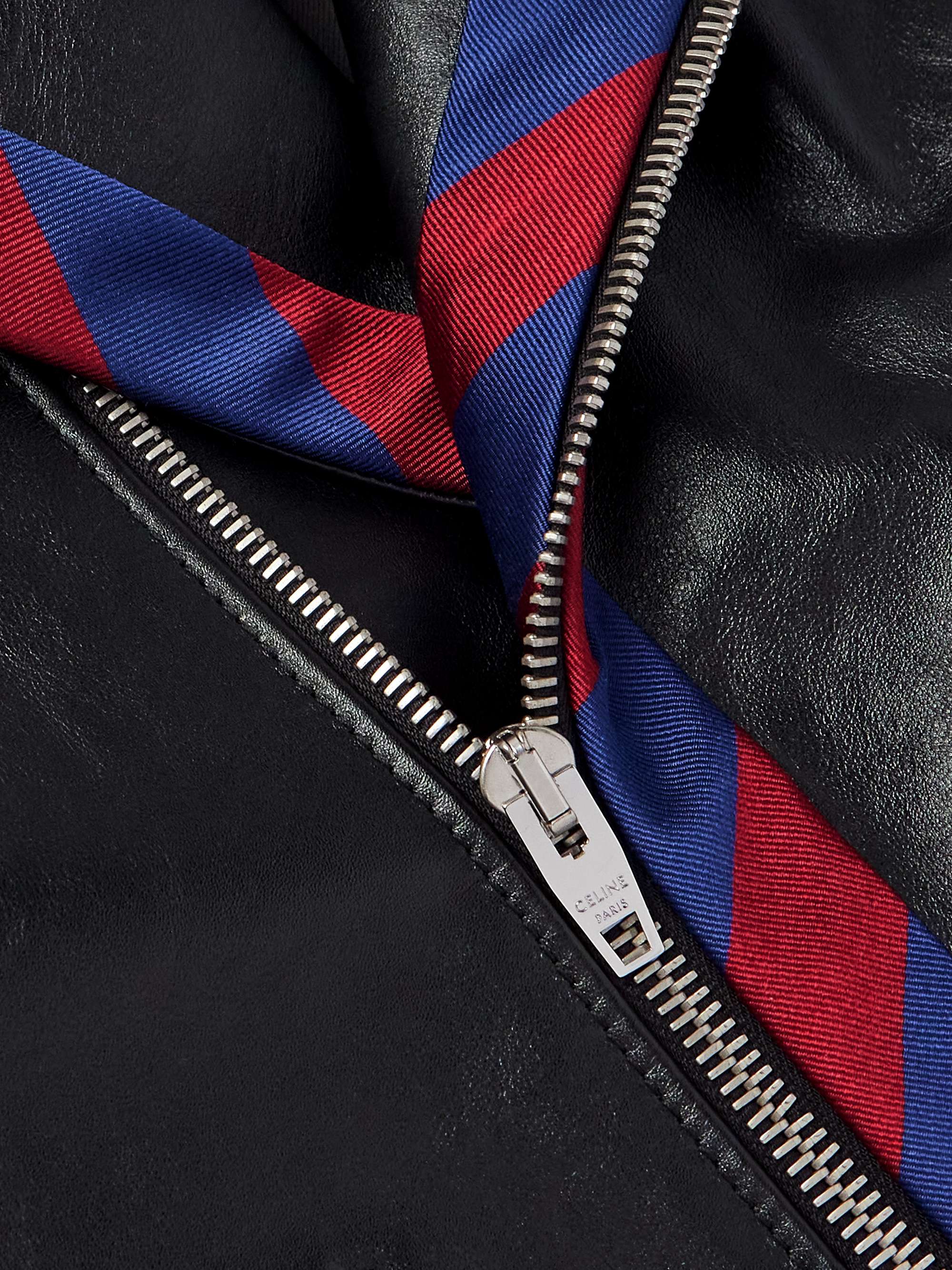 Belted Striped Twill-Trimmed Leather Biker Jacket view