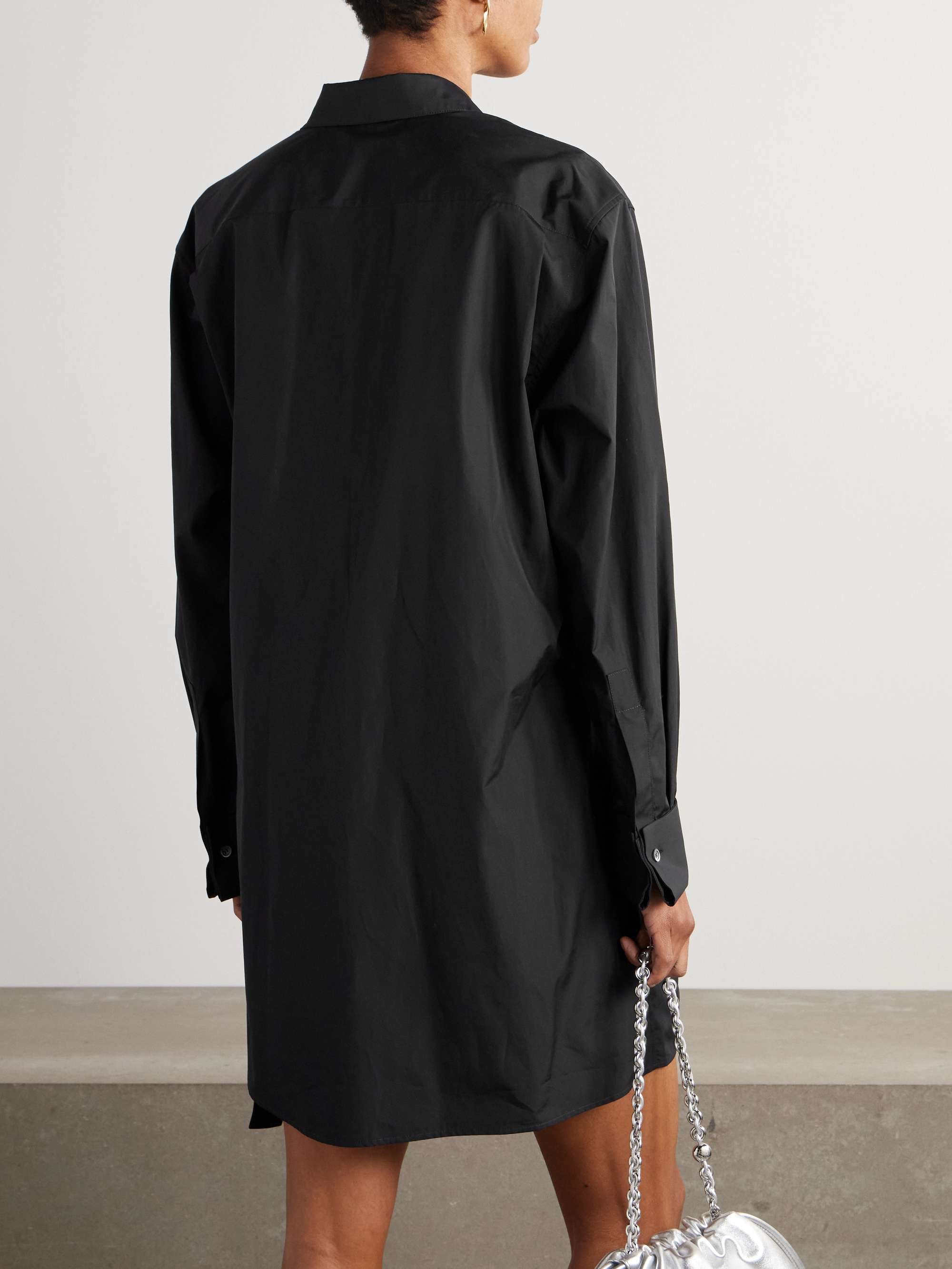 Wrap-effect leather-trimmed draped cotton-poplin mini shirt dress view