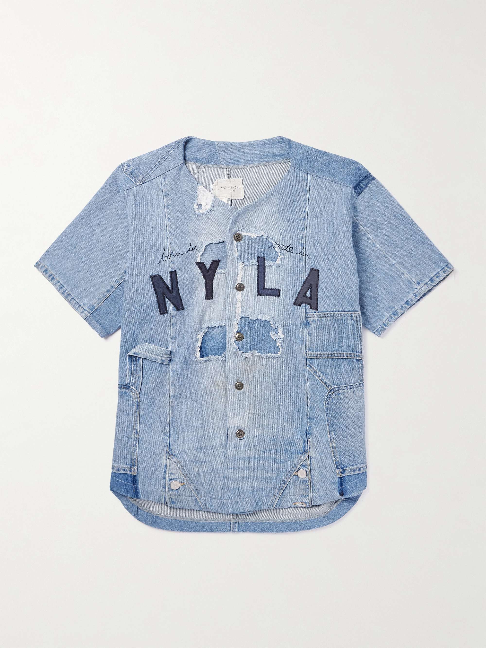 Frayed Appliquéd Embroidered Distressed Denim Shirt hero visual