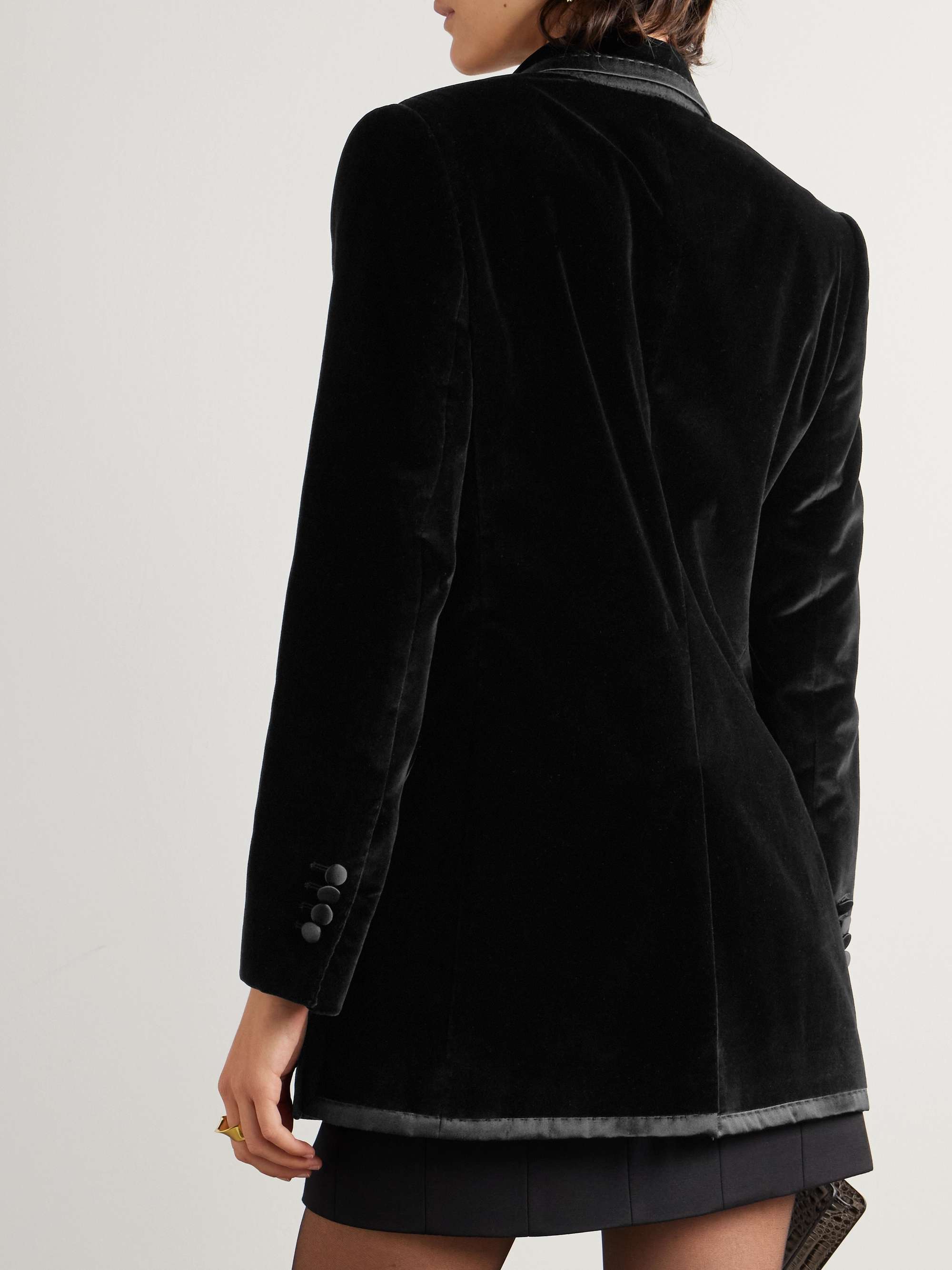 Double-breasted silk satin-trimmed cotton-blend velvet blazer view