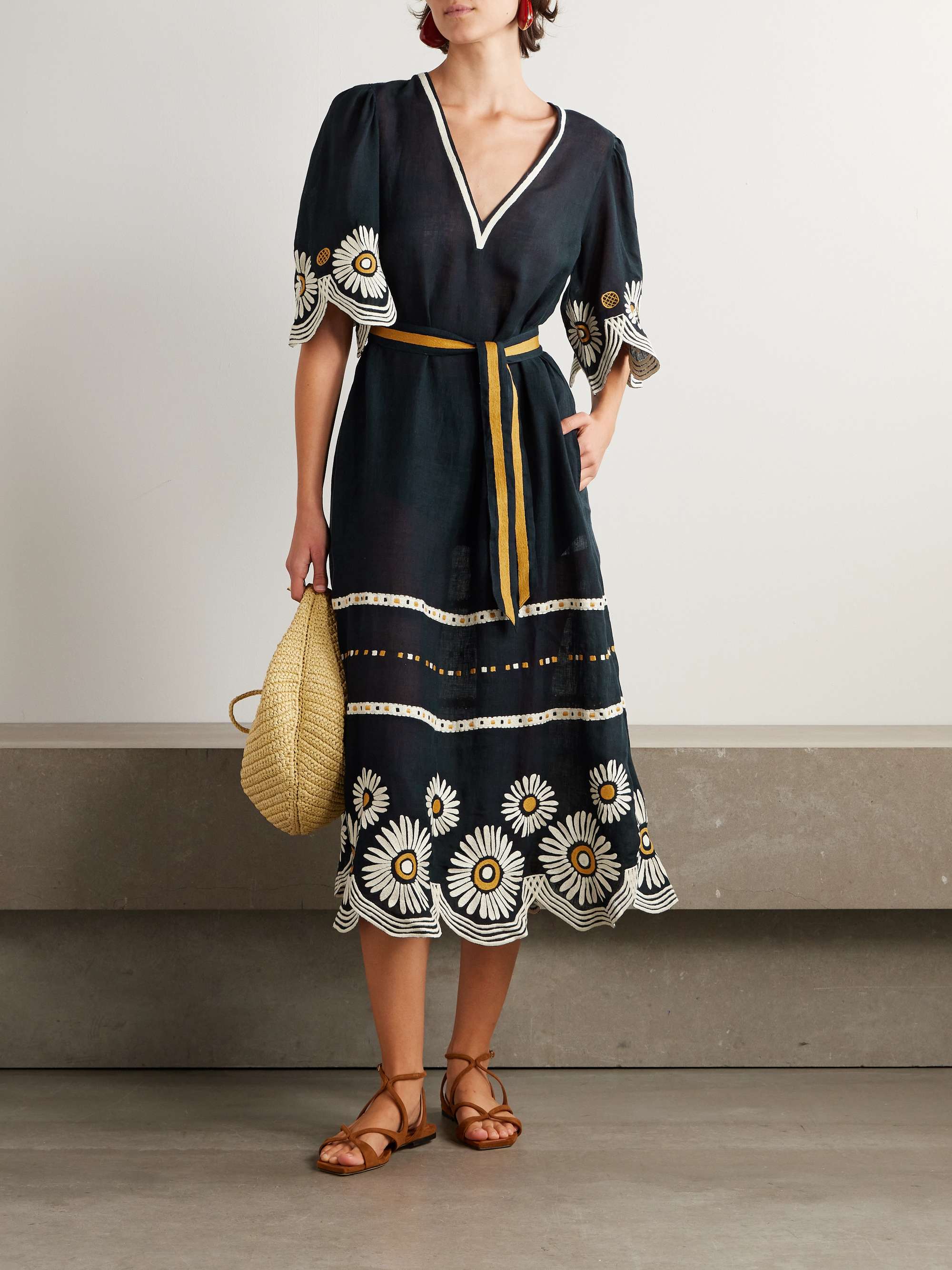 Hortense belted scalloped embroidered linen midi dress view