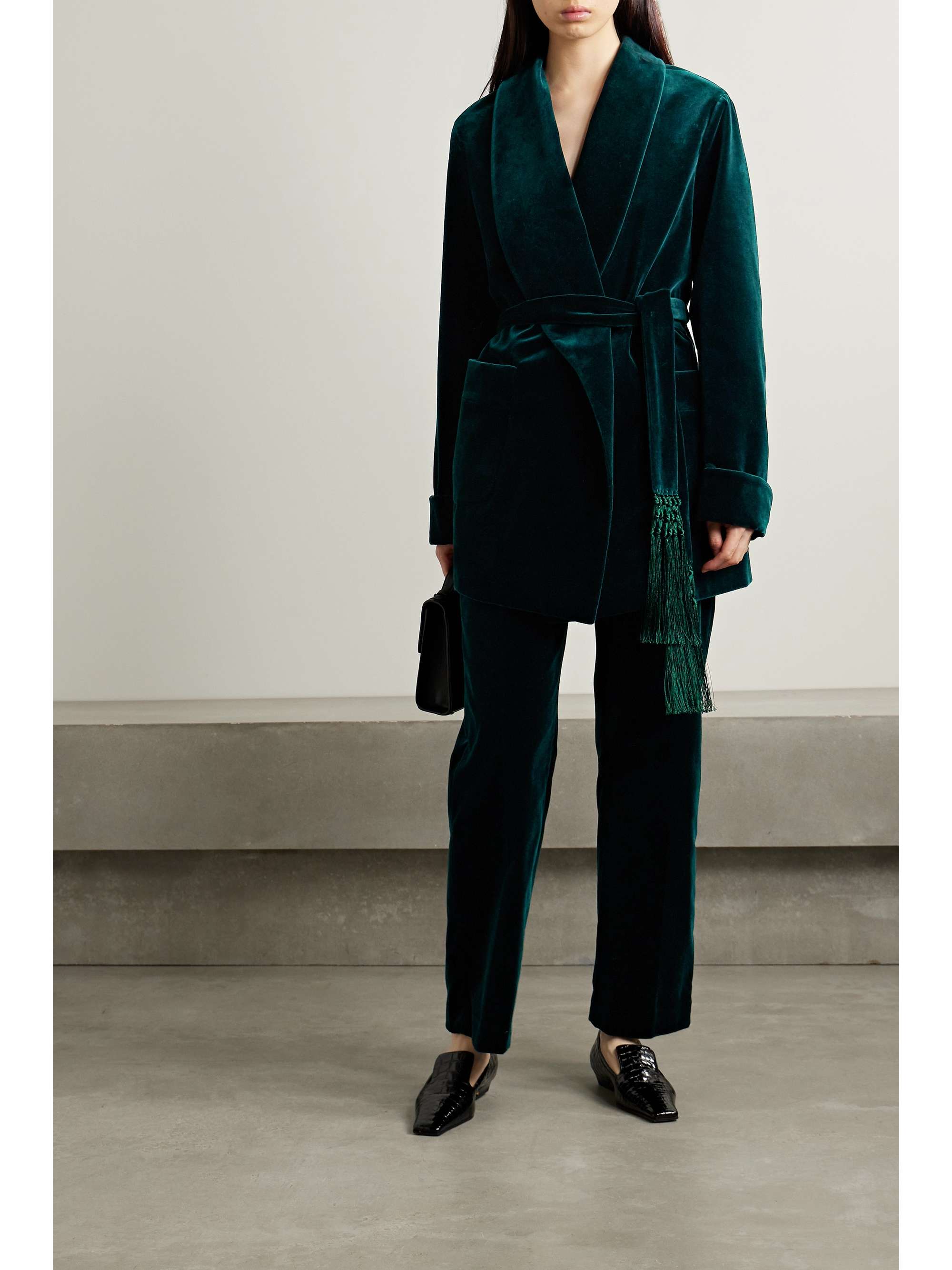 Raniya belted macramé-trimmed cotton-blend velvet jacket view