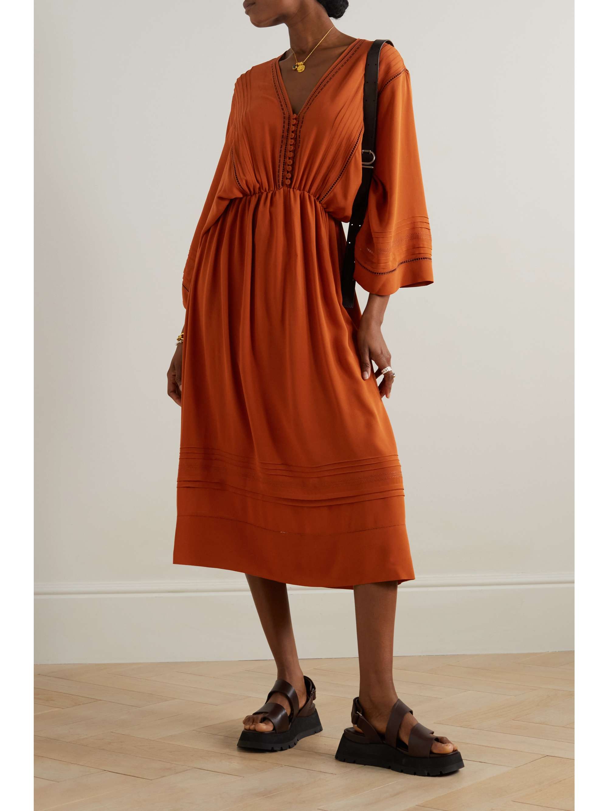 Henrietta embroidered silk crepe de chine midi dress view