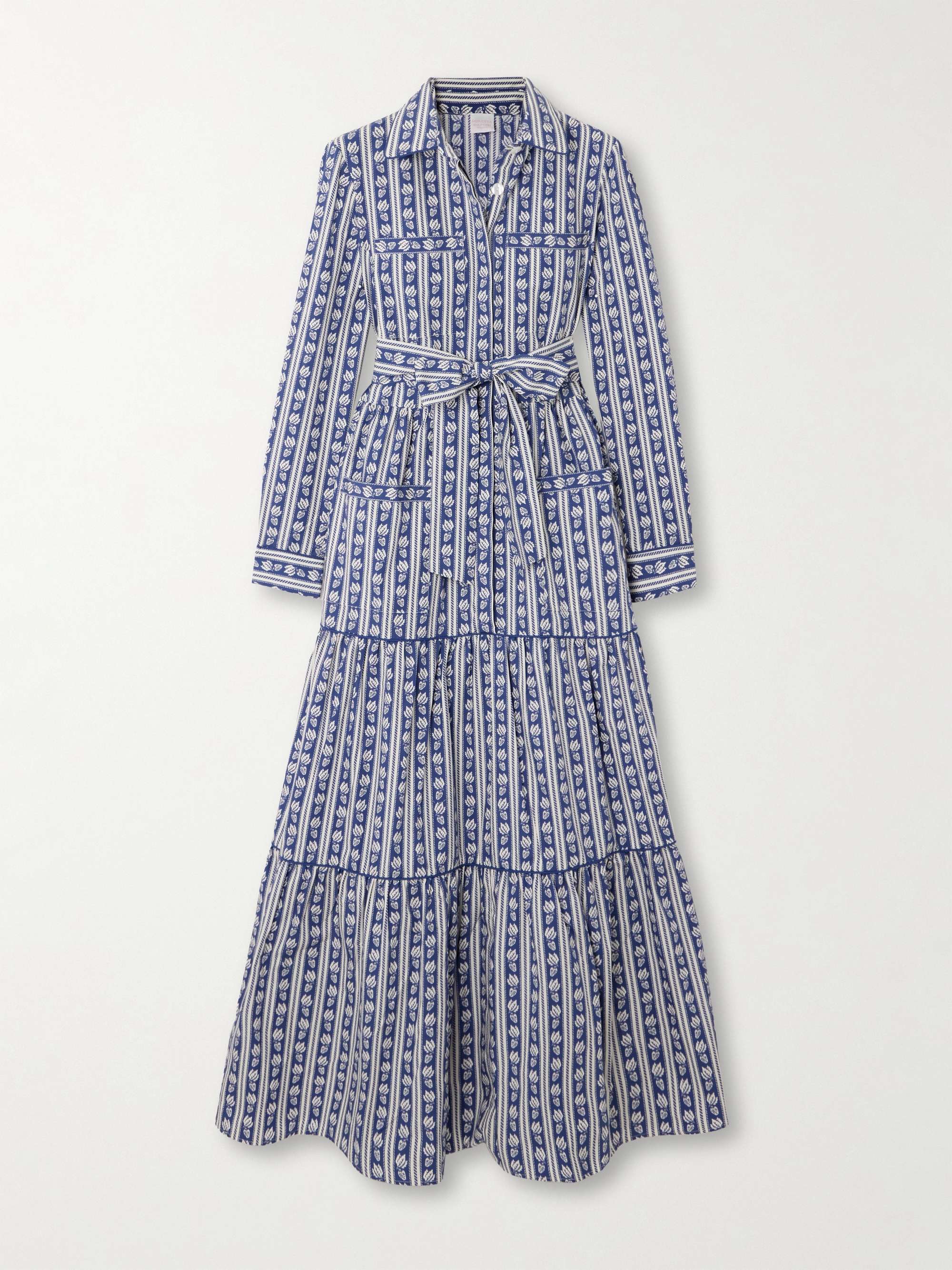 Uma belted tiered printed striped cotton-poplin midi dress hero visual
