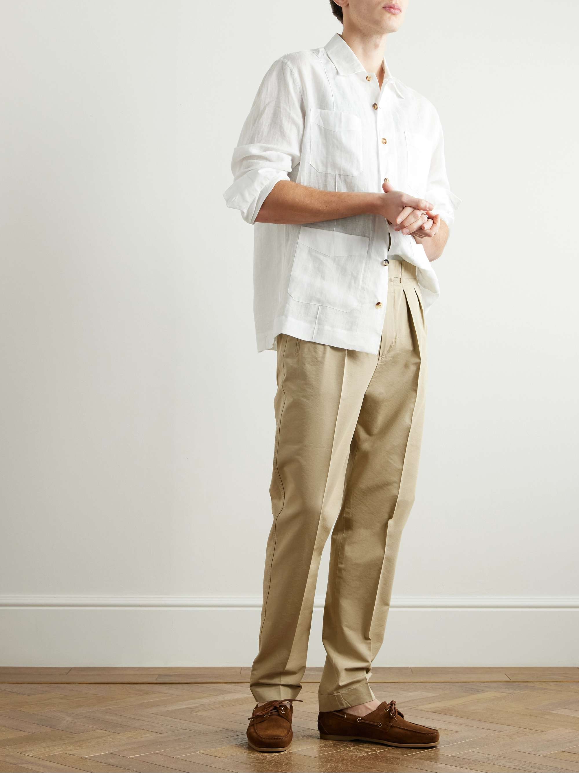 Straight-Leg Pleated Cotton and Silk-Blend Poplin Trousers view