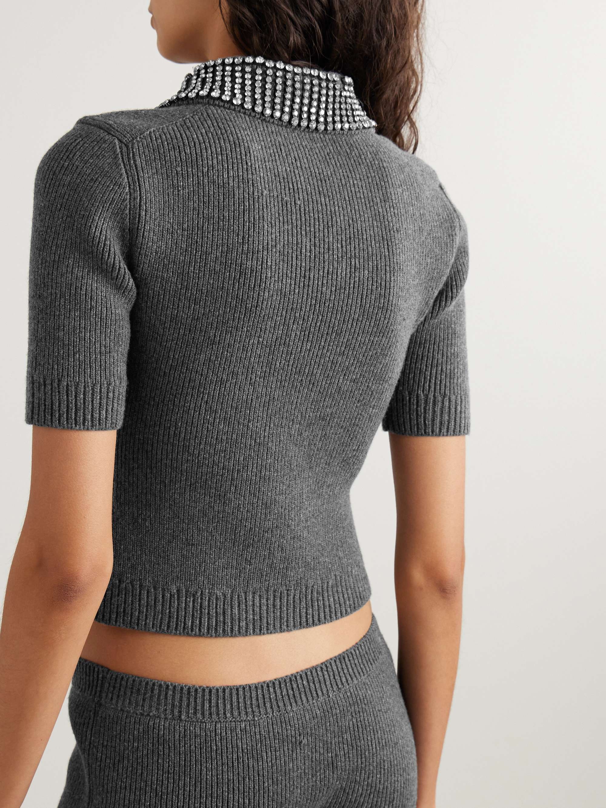 Crystal-embellished logo-jacquard ribbed wool polo shirt view