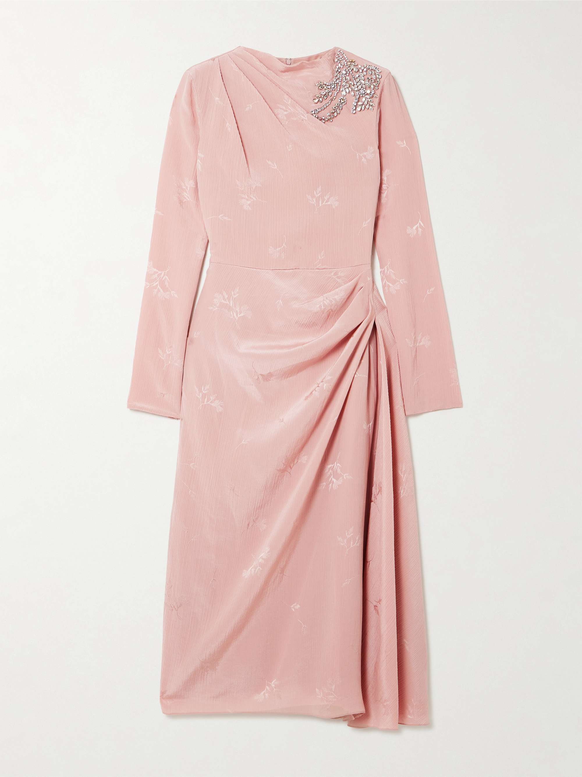 Embellished draped crinkled-silk and cotton-blend jacquard midi dress hero visual