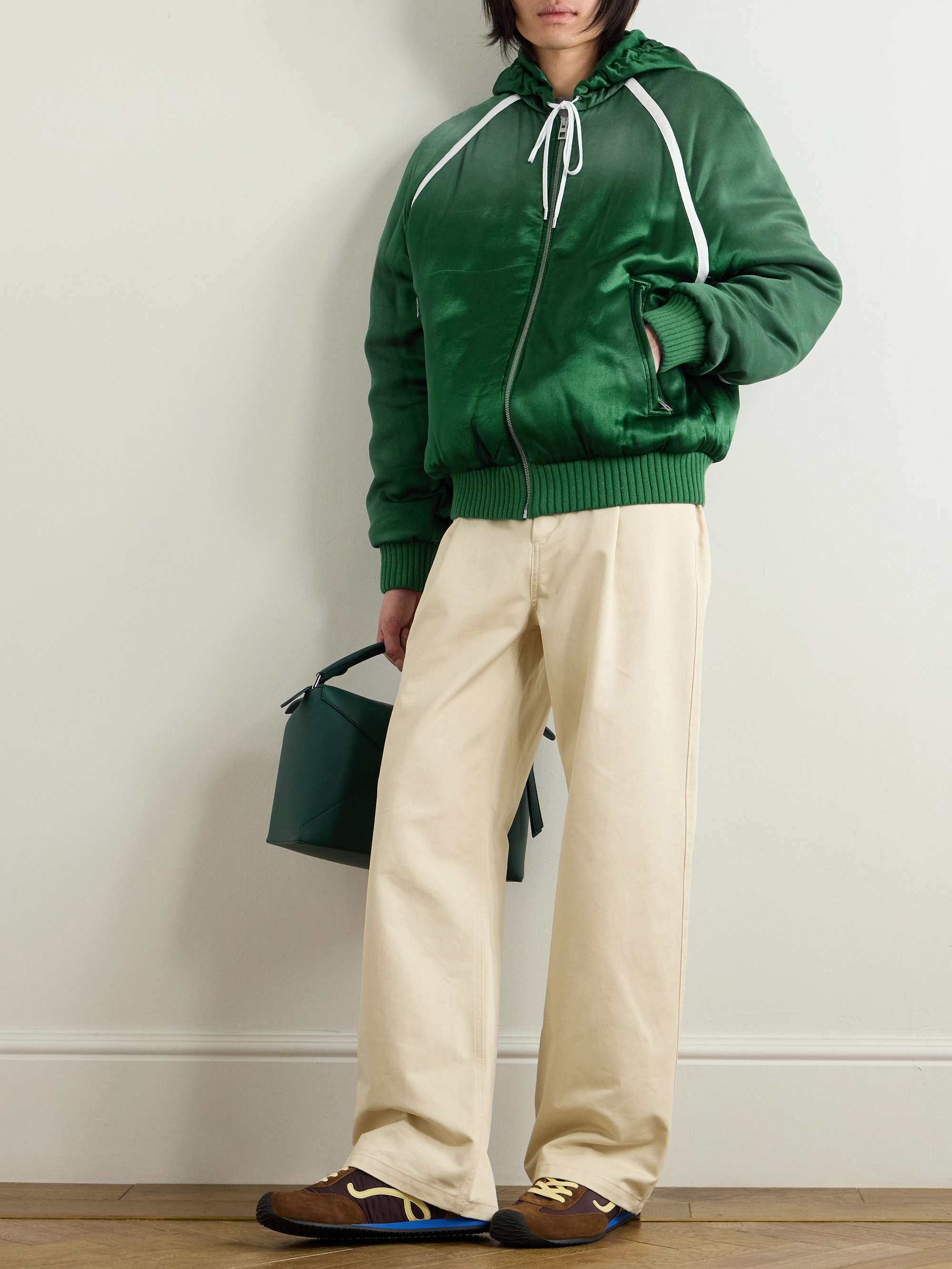 Oversized Grosgrain-Trimmed Padded Satin Hooded Track Jacket view