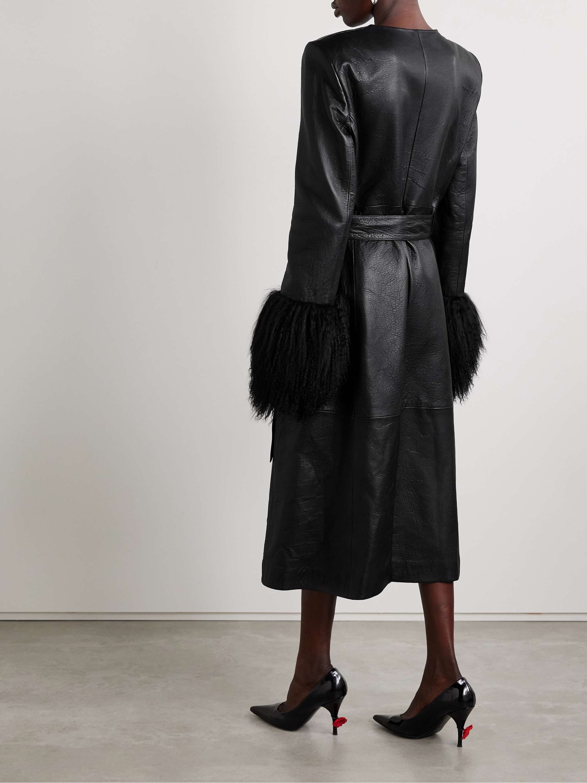 Belted faux fur-trimmed textured-leather coat view