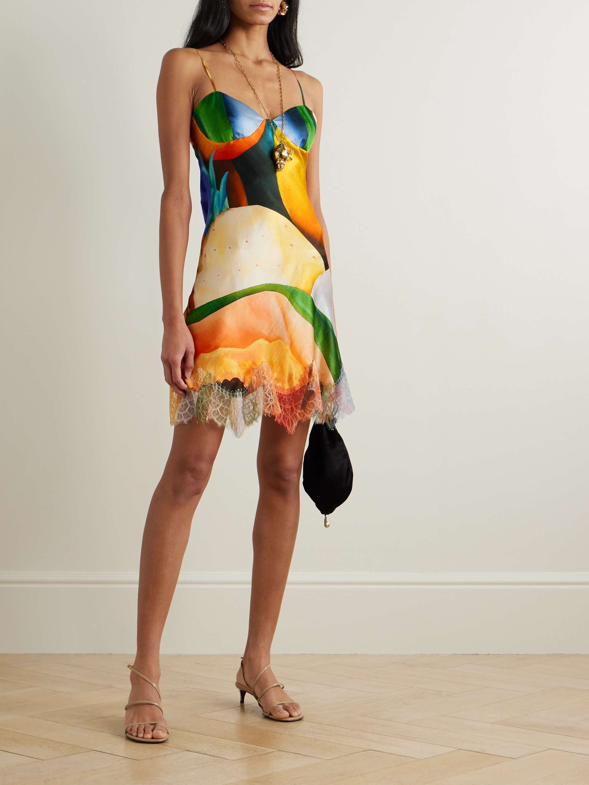 Salpicon lace-trimmed printed silk-blend satin mini dress view