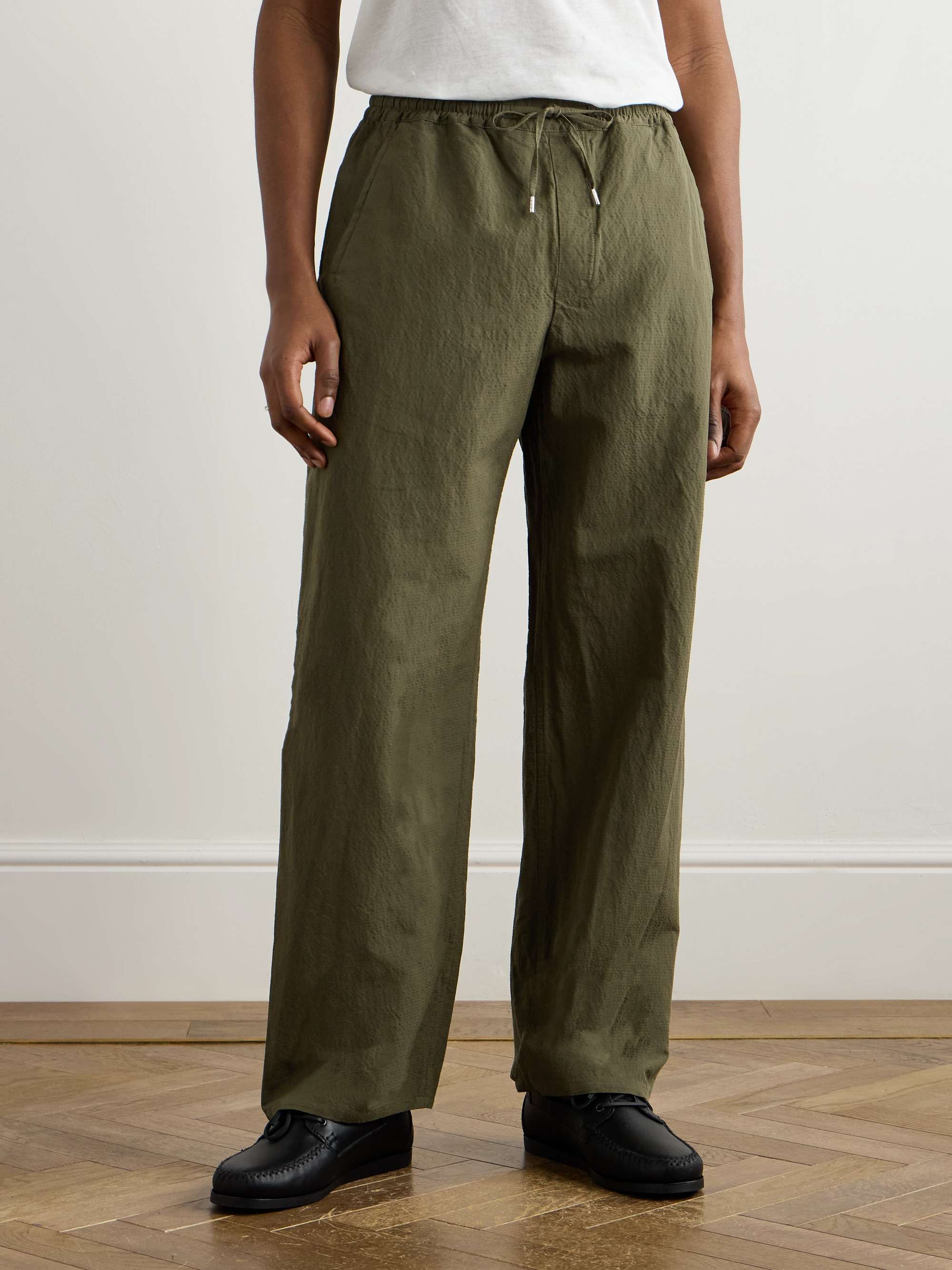 Samurai Wide-Leg Cotton and Linen-Blend Seersucker Drawstring Suit Trousers view