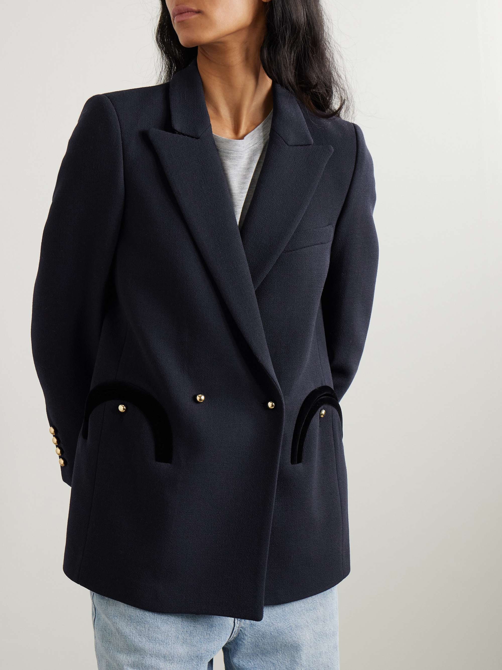 Resolute Everyday double-breasted velvet-trimmed wool-crepe blazer view