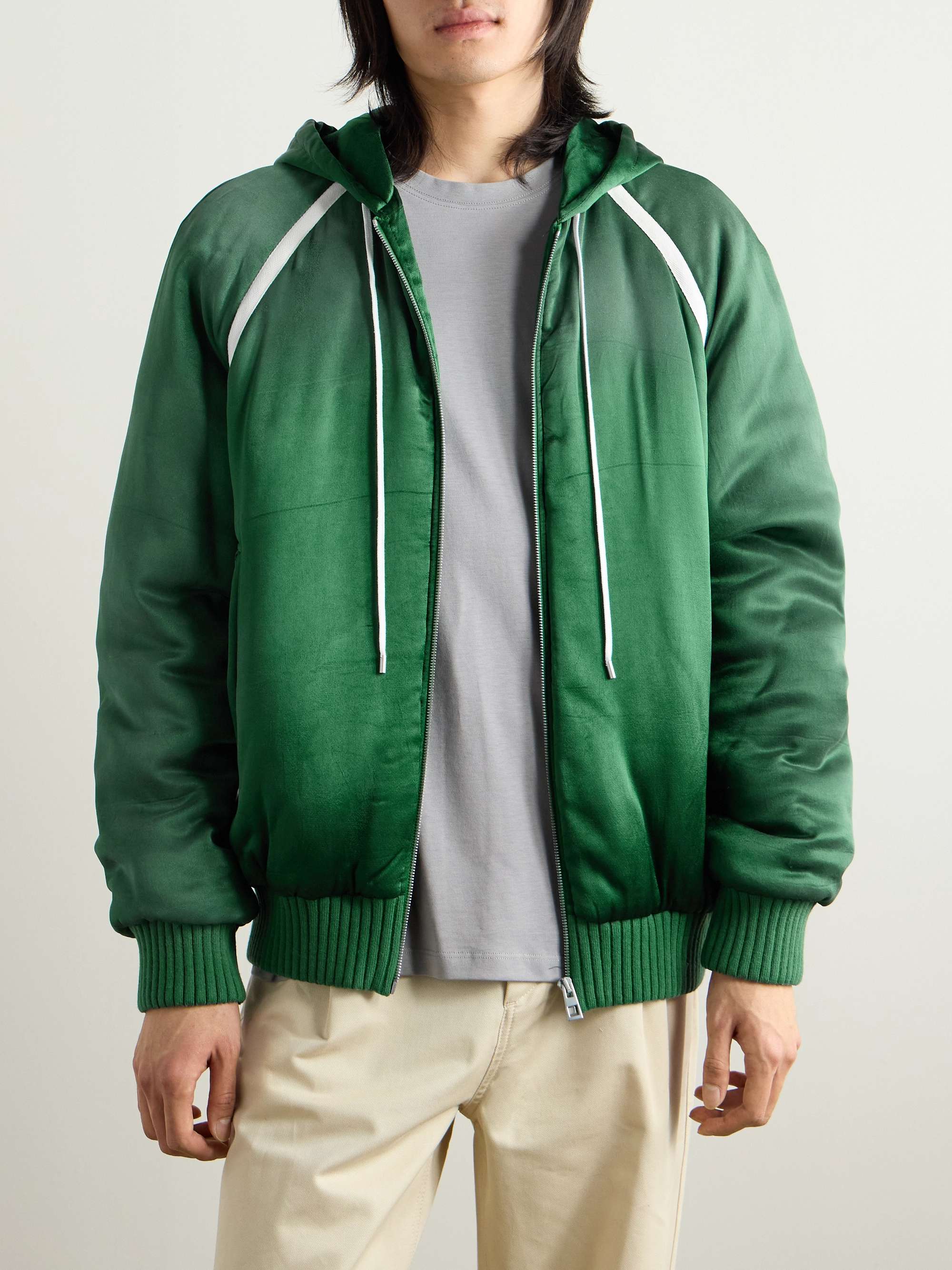 Oversized Grosgrain-Trimmed Padded Satin Hooded Track Jacket view