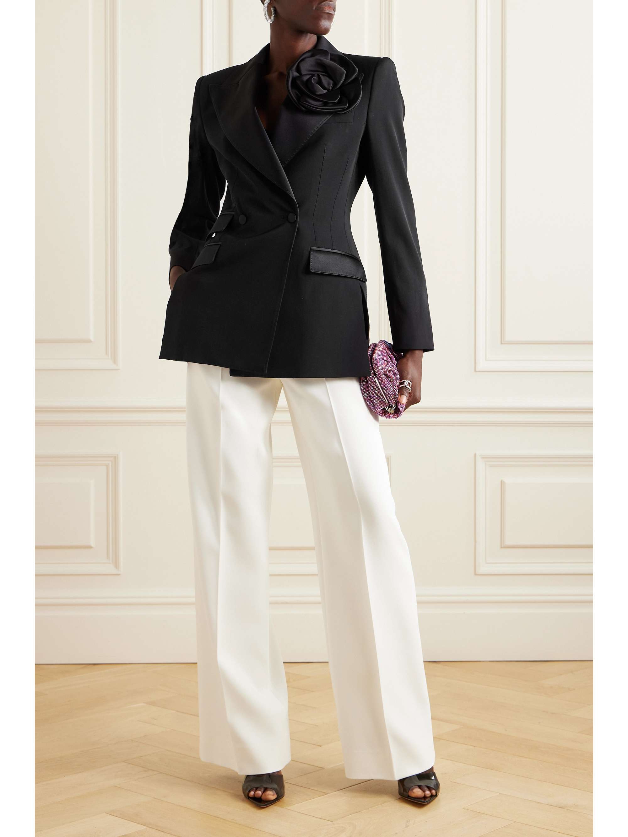 Appliquéd silk-satin trimmed double-breasted wool-blend blazer view