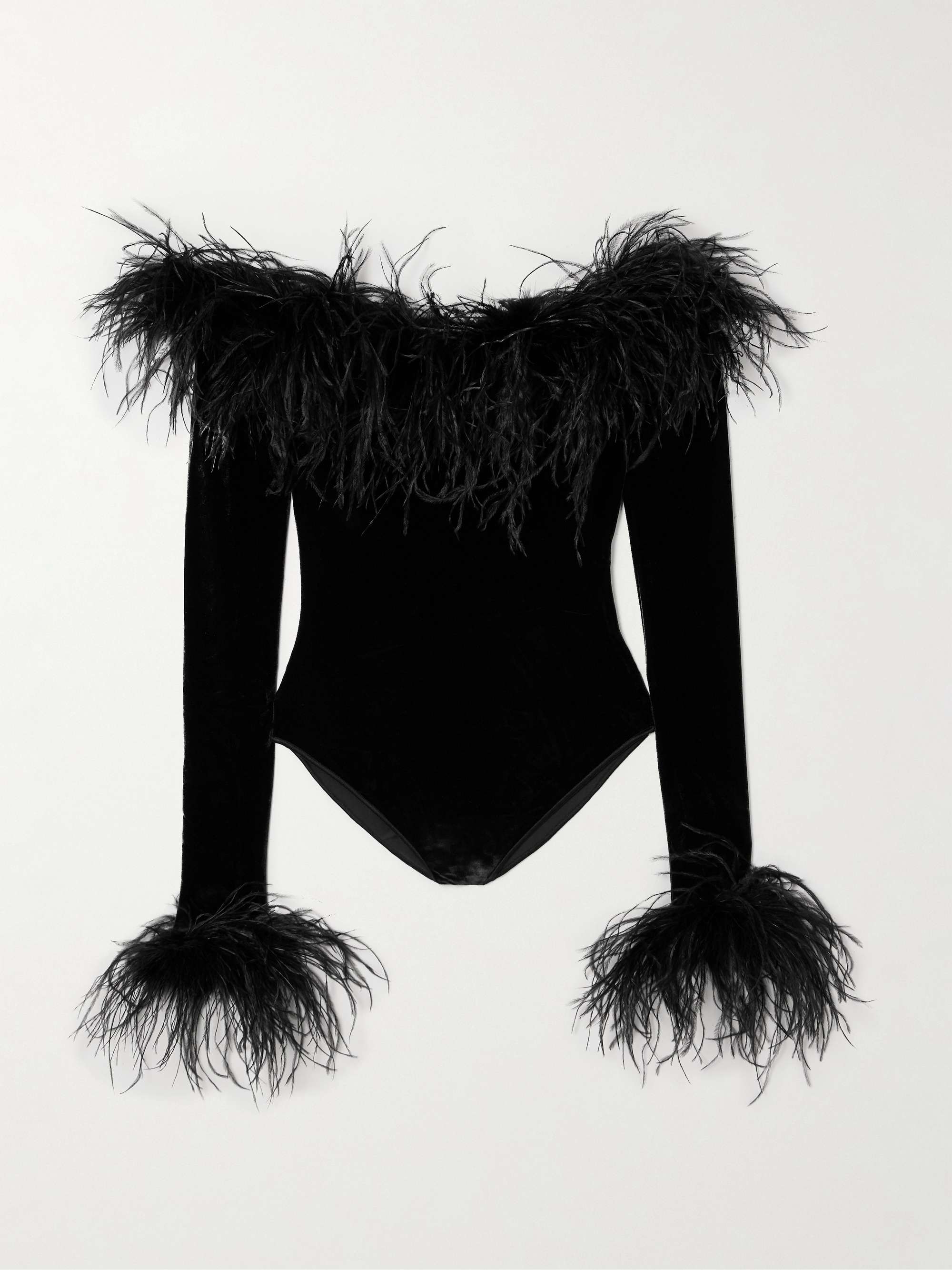 Plumage off-the-shoulder feather-trimmed stretch-velvet bodysuit hero visual