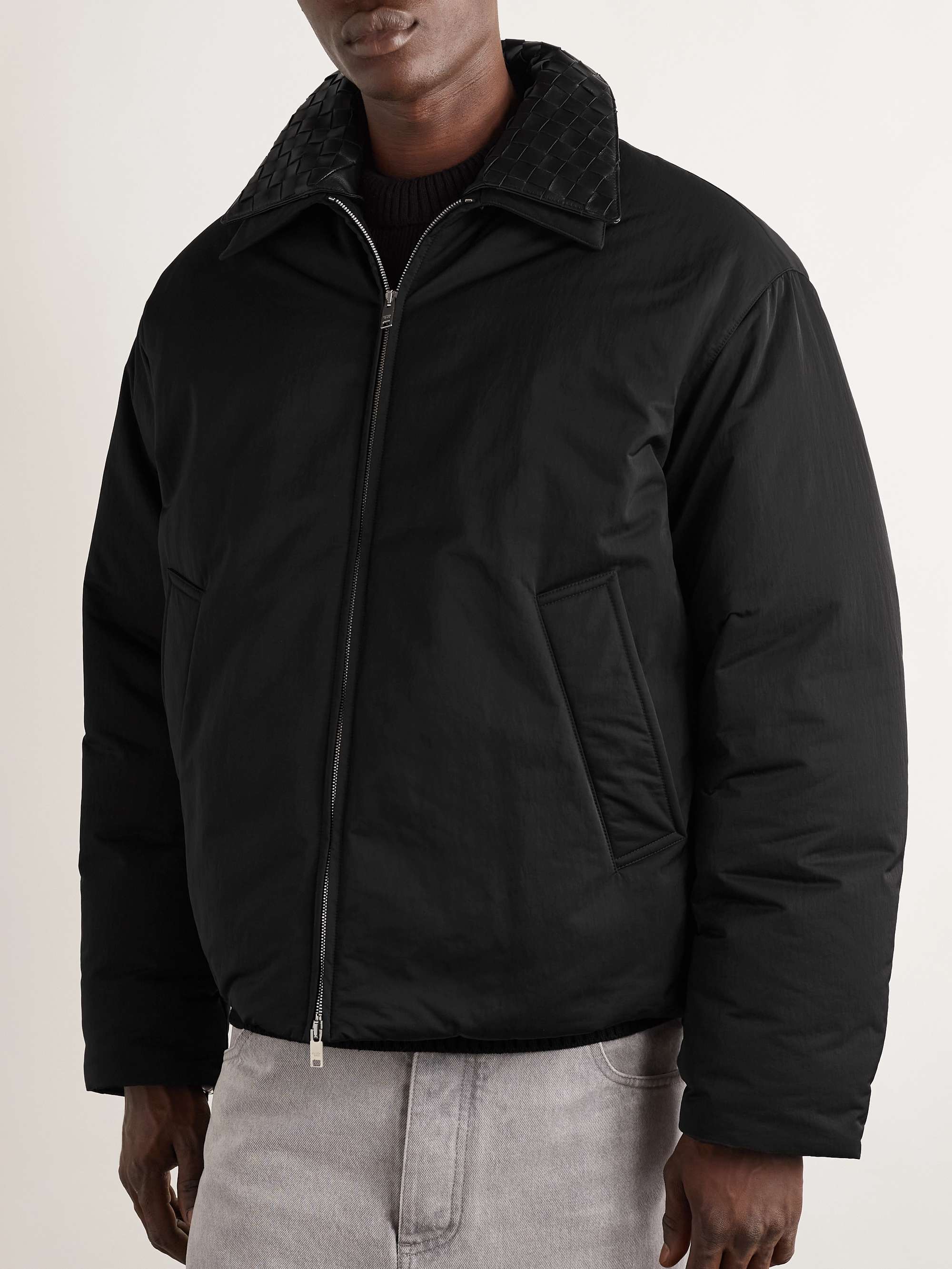 Intrecciato Leather-Trimmed Matte-Shell Down Jacket view