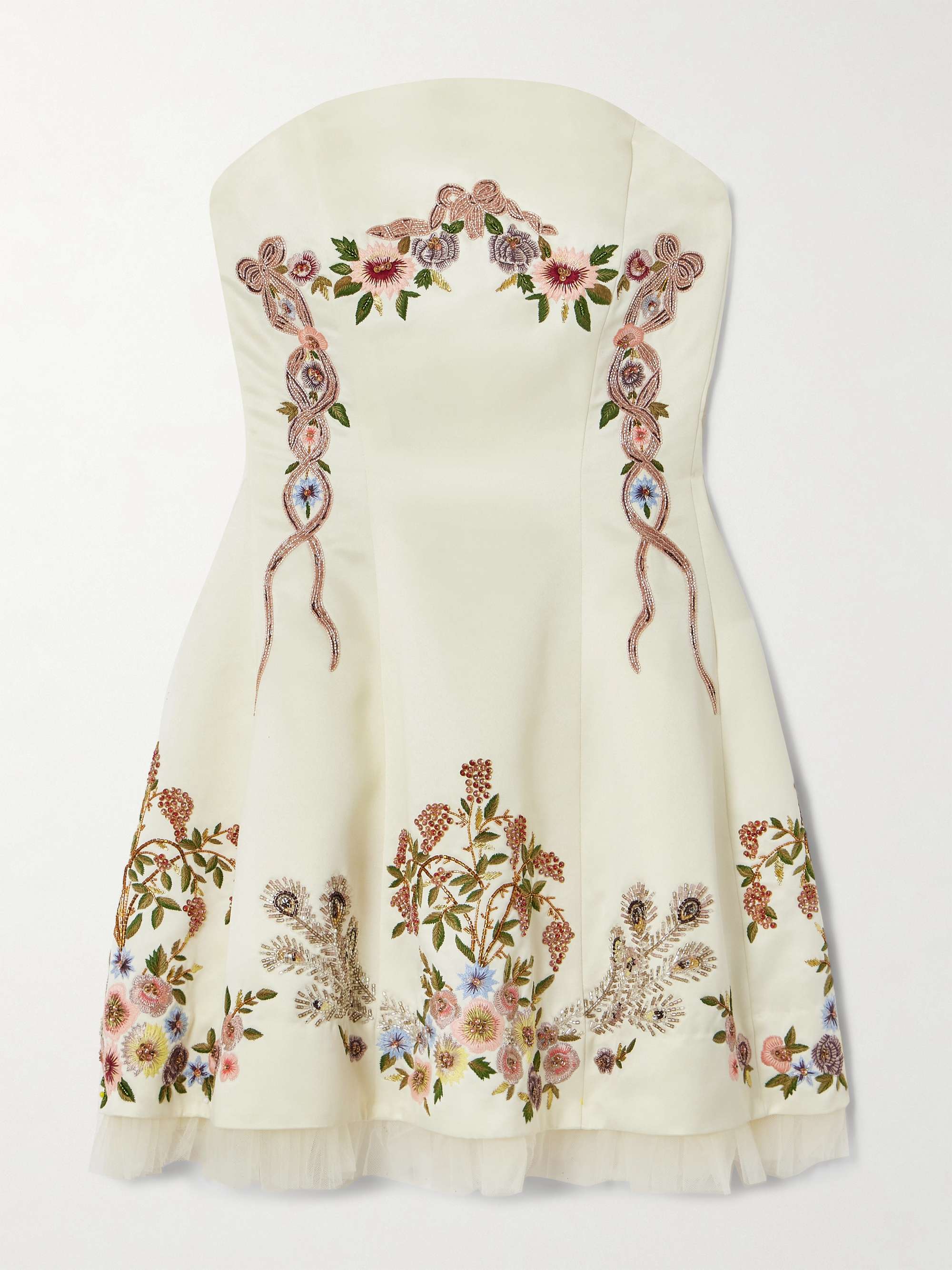Peacock strapless tulle-trimmed embroidered crepe mini dress hero visual