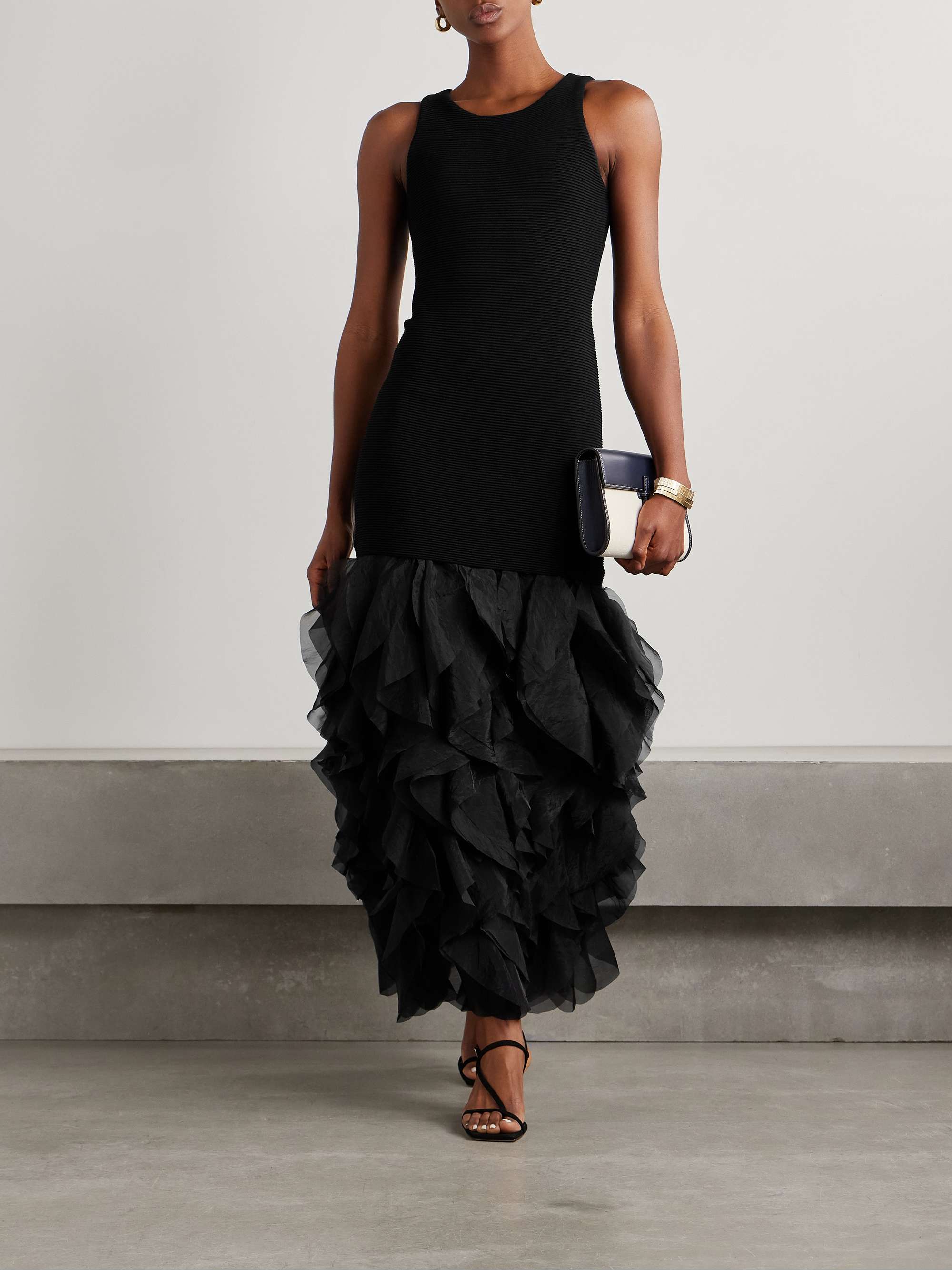 Elations ribbed-knit and ruffled organza maxi dress view