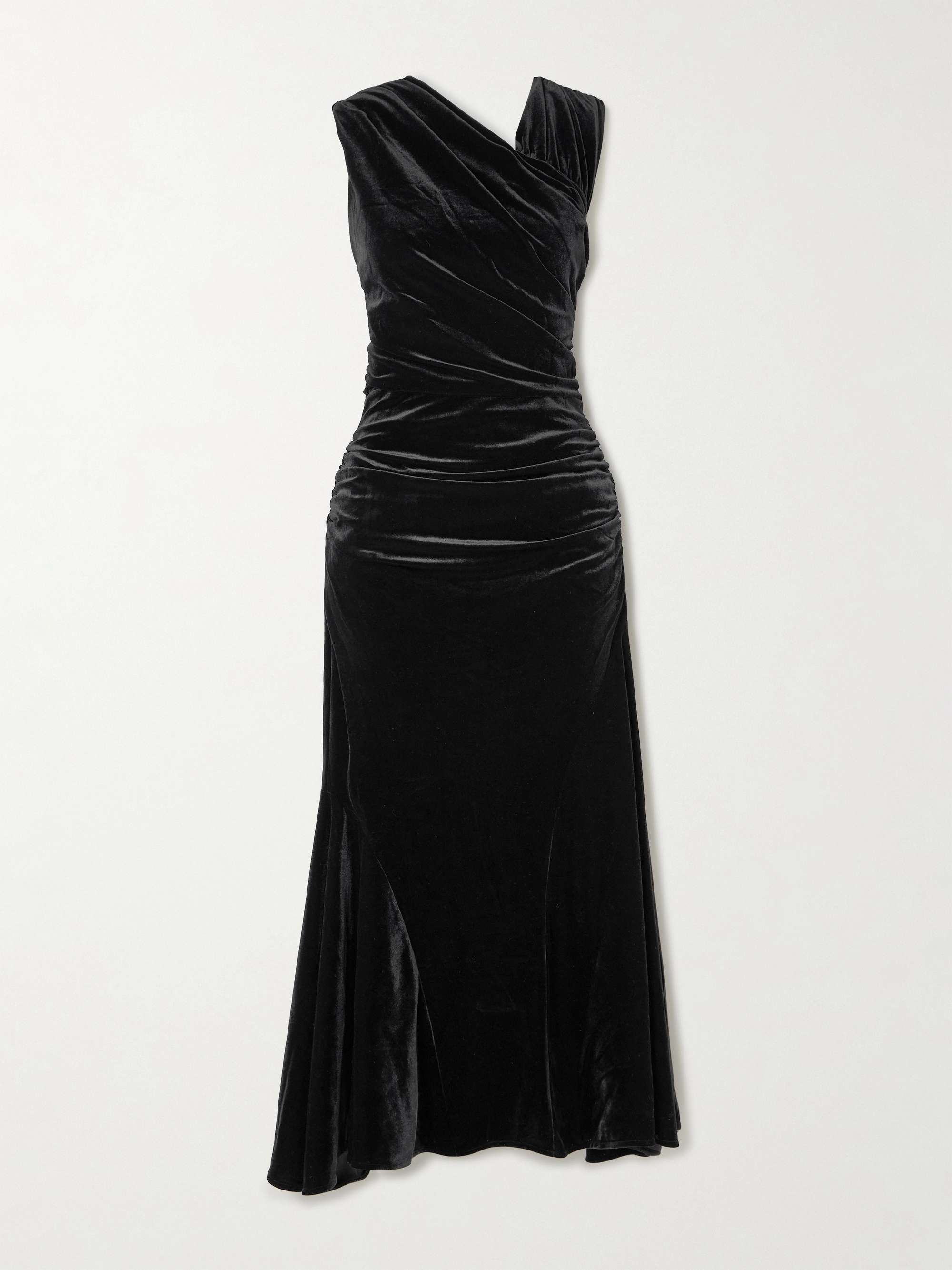 Asymmetric ruched recycled-velvet midi dress hero visual
