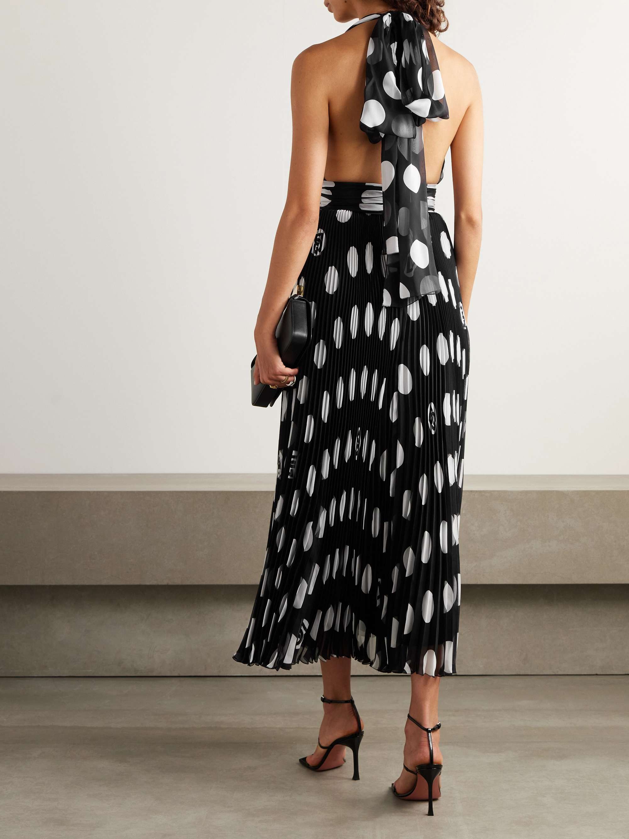 Halterneck polka-dot silk plissé-chiffon midi dress view
