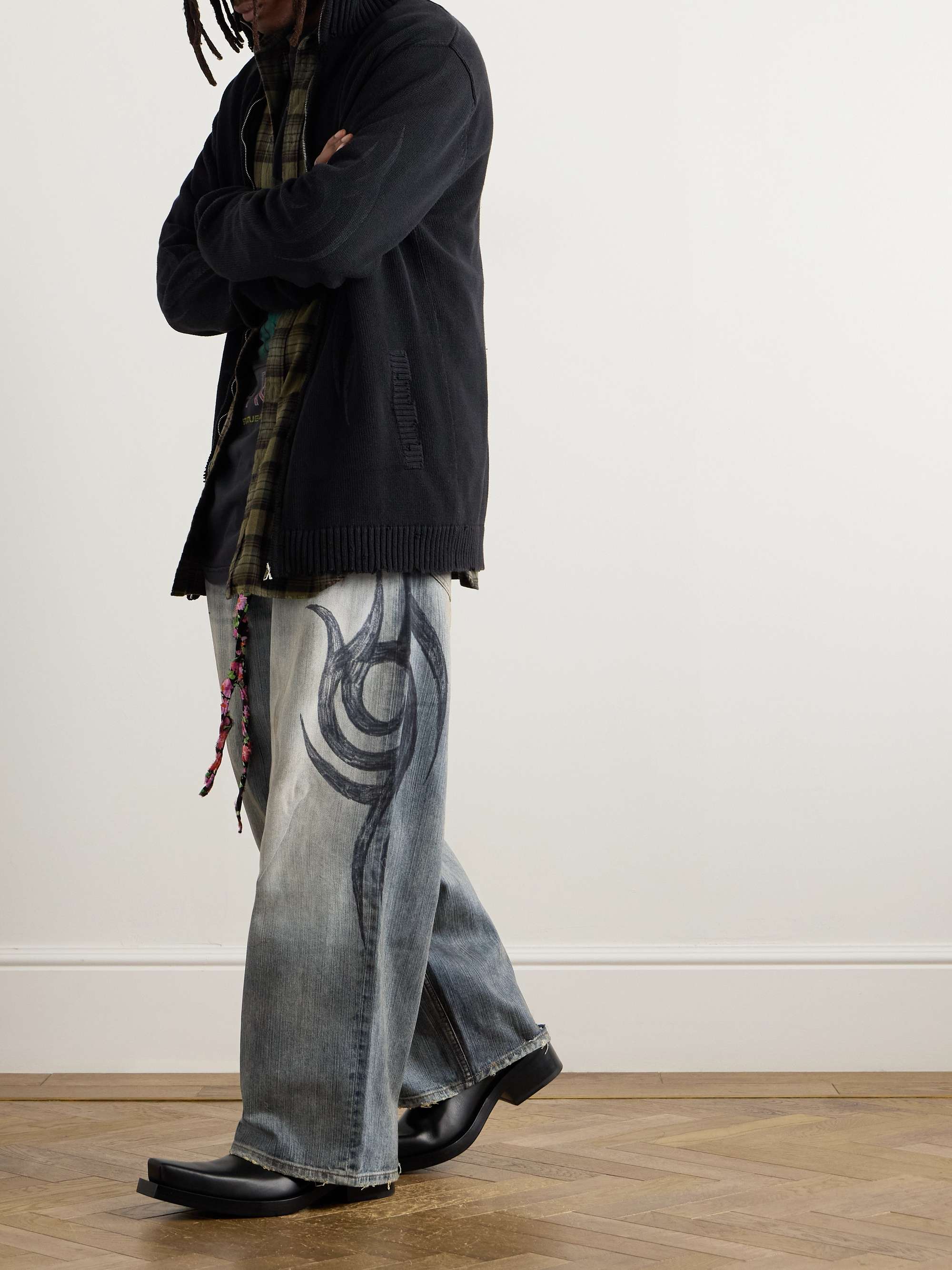 Y2K Wide-Leg Distressed Printed Jeans view