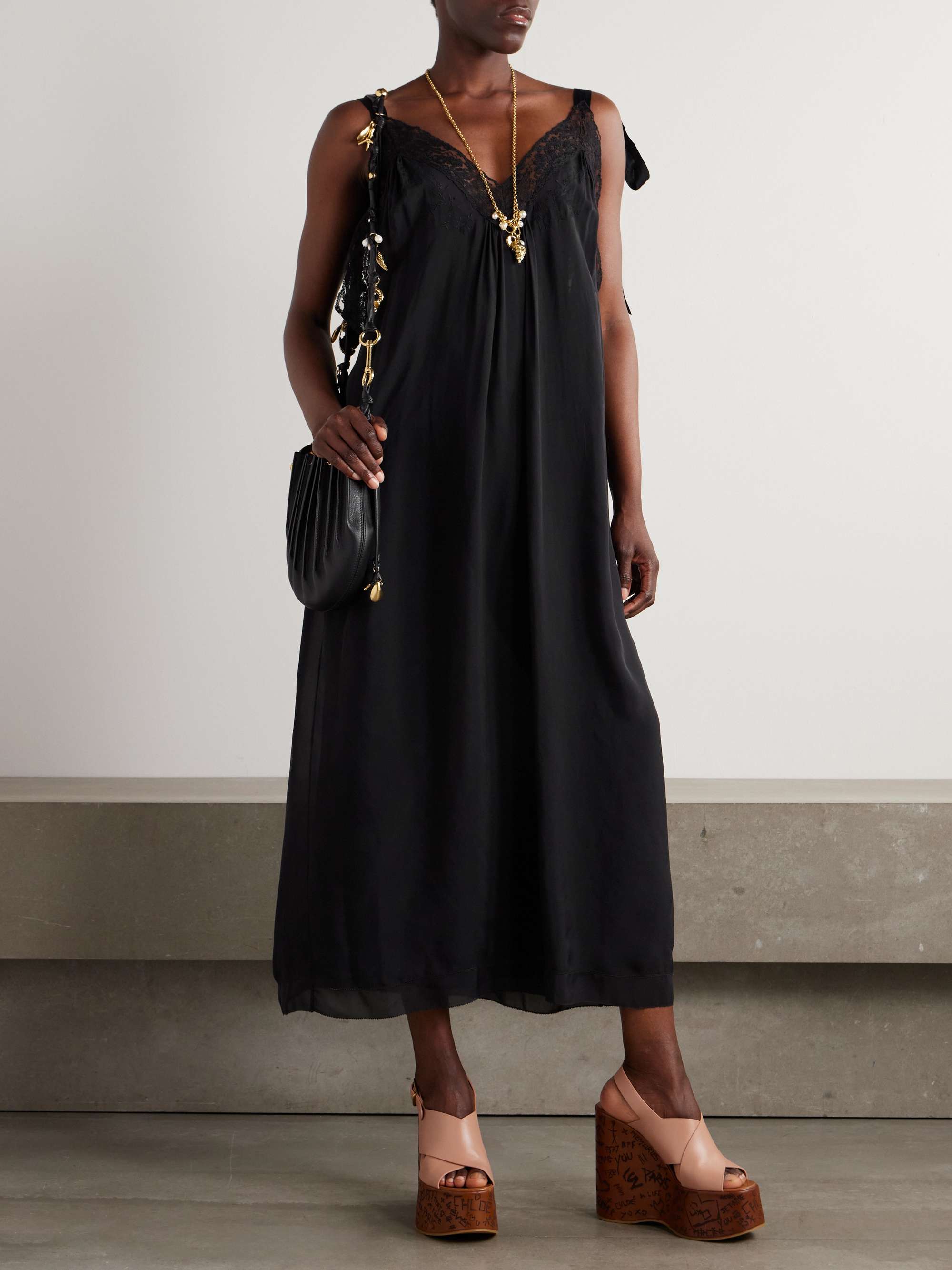 Lace-trimmed organic silk-charmeuse midi dress view