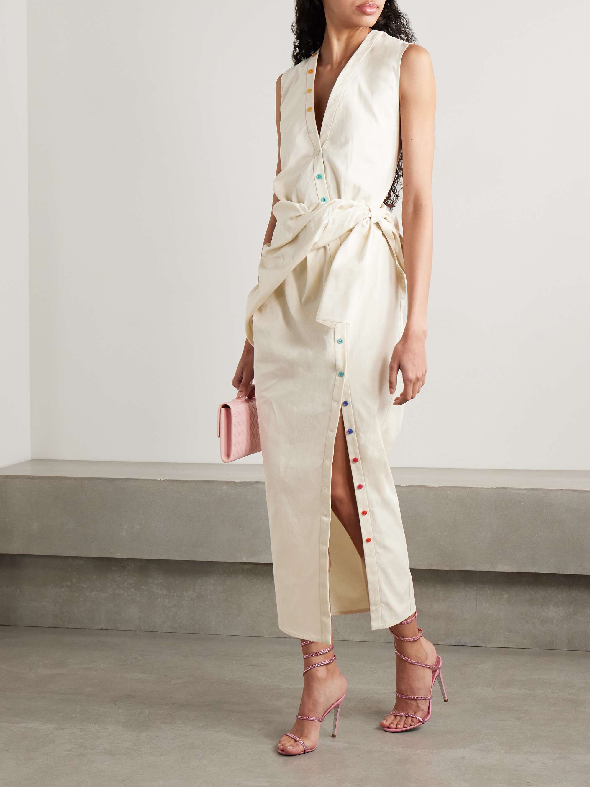 Tie-front button-embellished washed cotton-twill midi shirt dress view