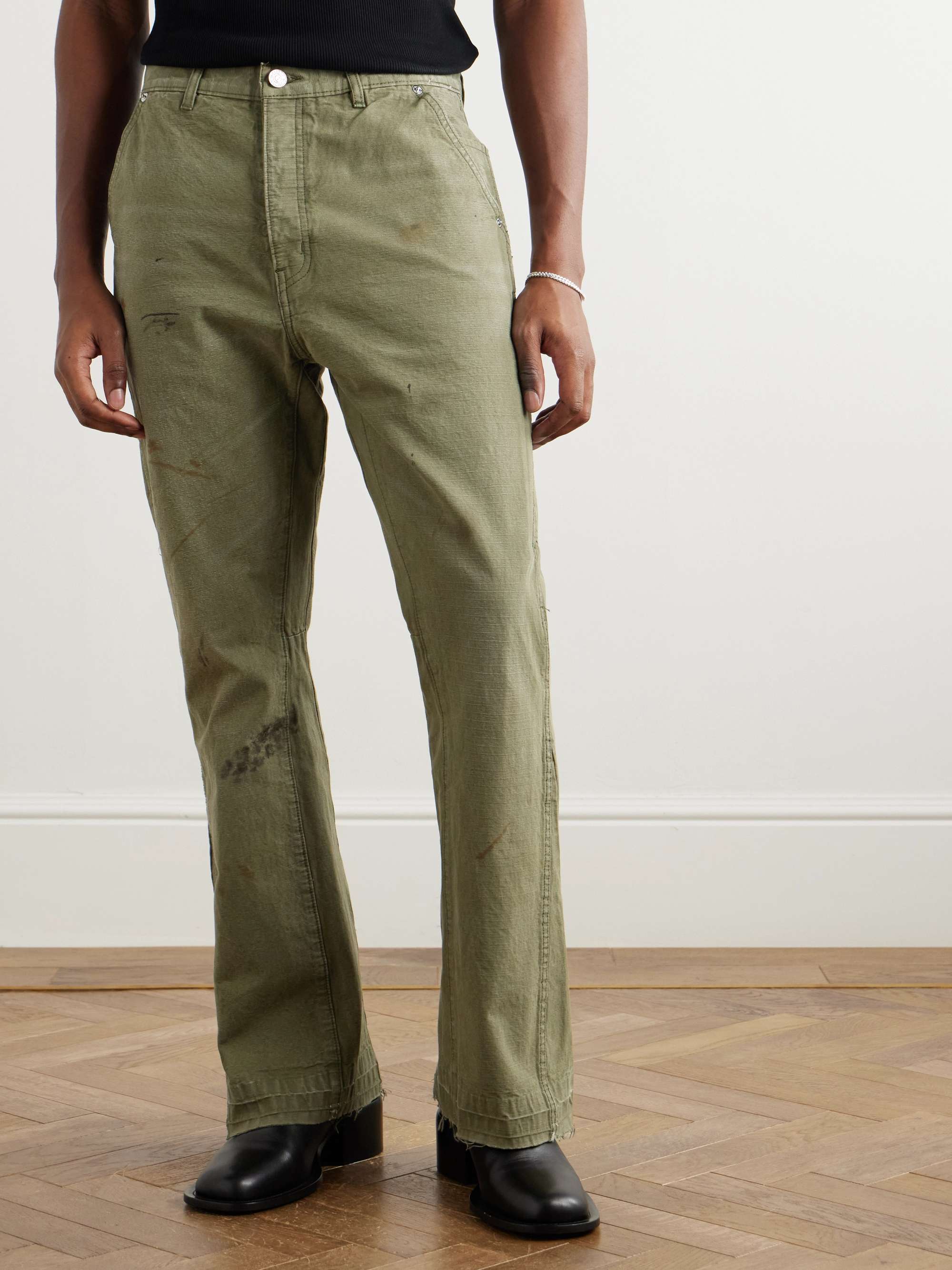 Flared Distressed Cotton-Canvas Cargo Trousers view