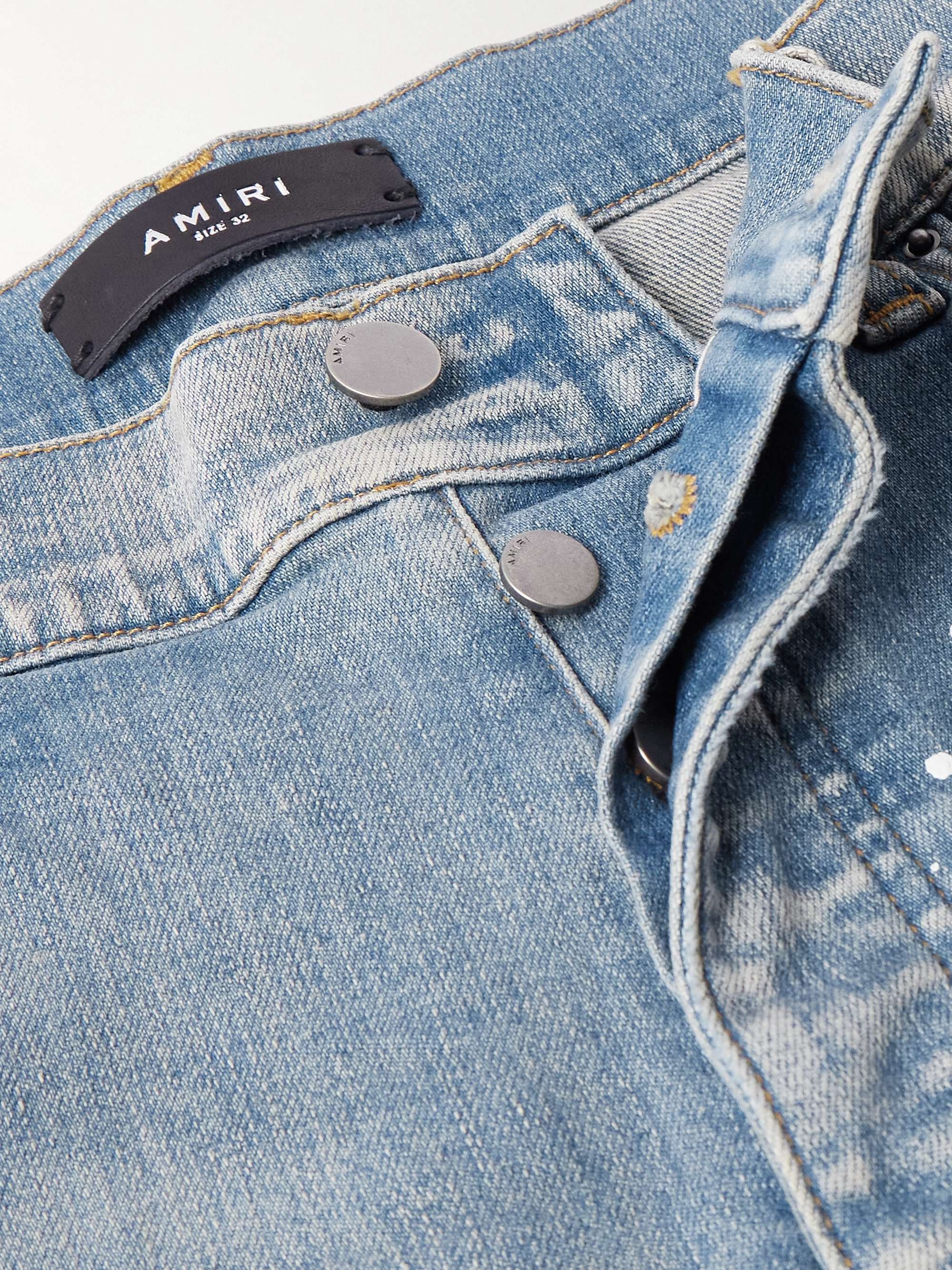 Skinny-Fit Appliquéd Distressed Paint-Splattered Jeans view