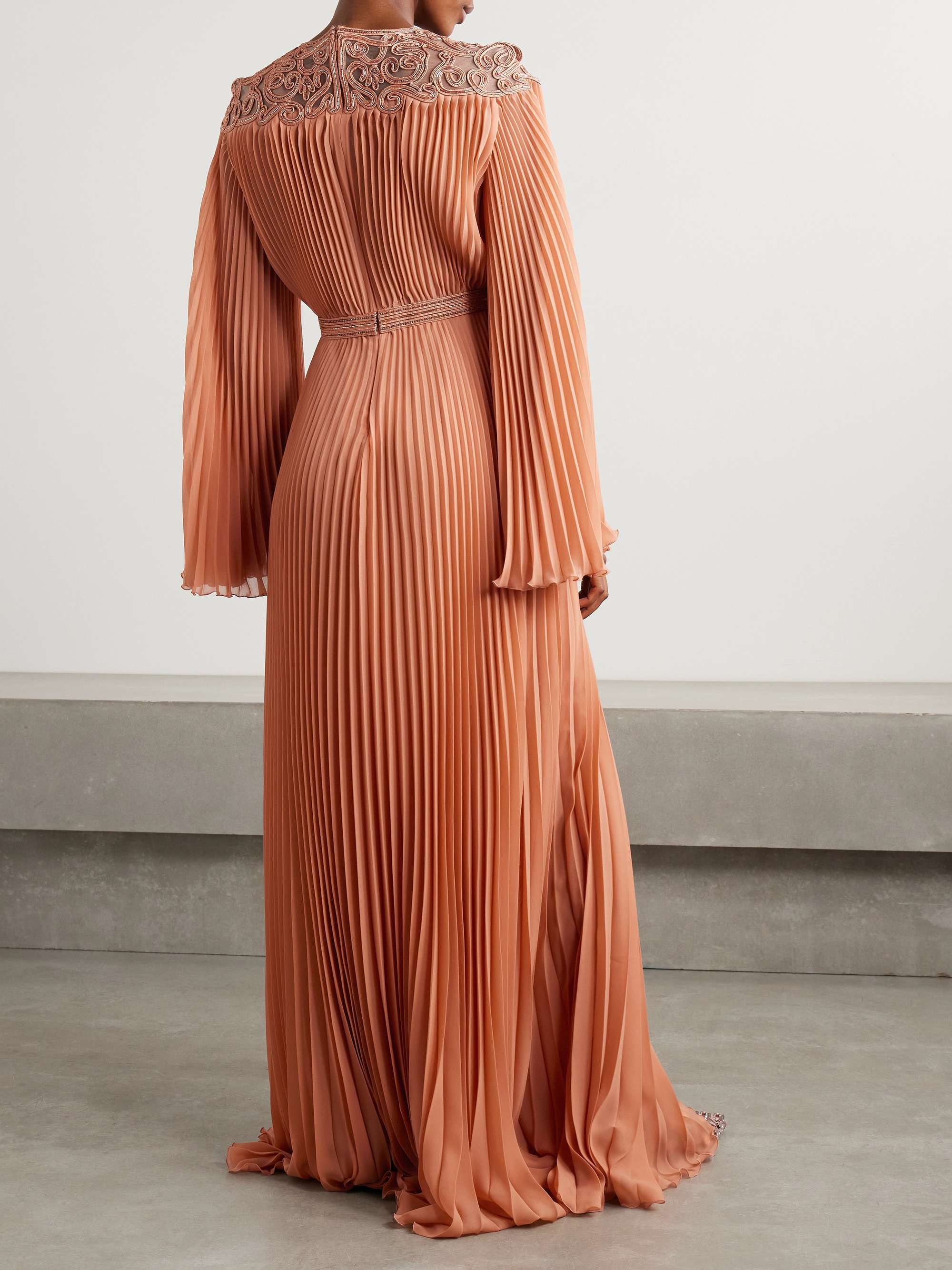 Embroidered embellished tulle-trimmed plissé-georgette gown view
