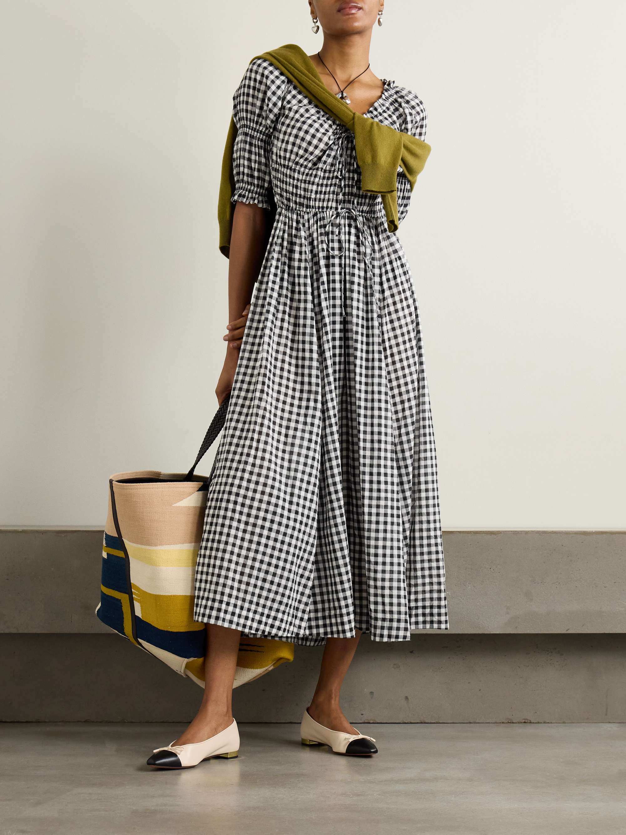 Ischia shirred gingham cotton-voile midi dress view