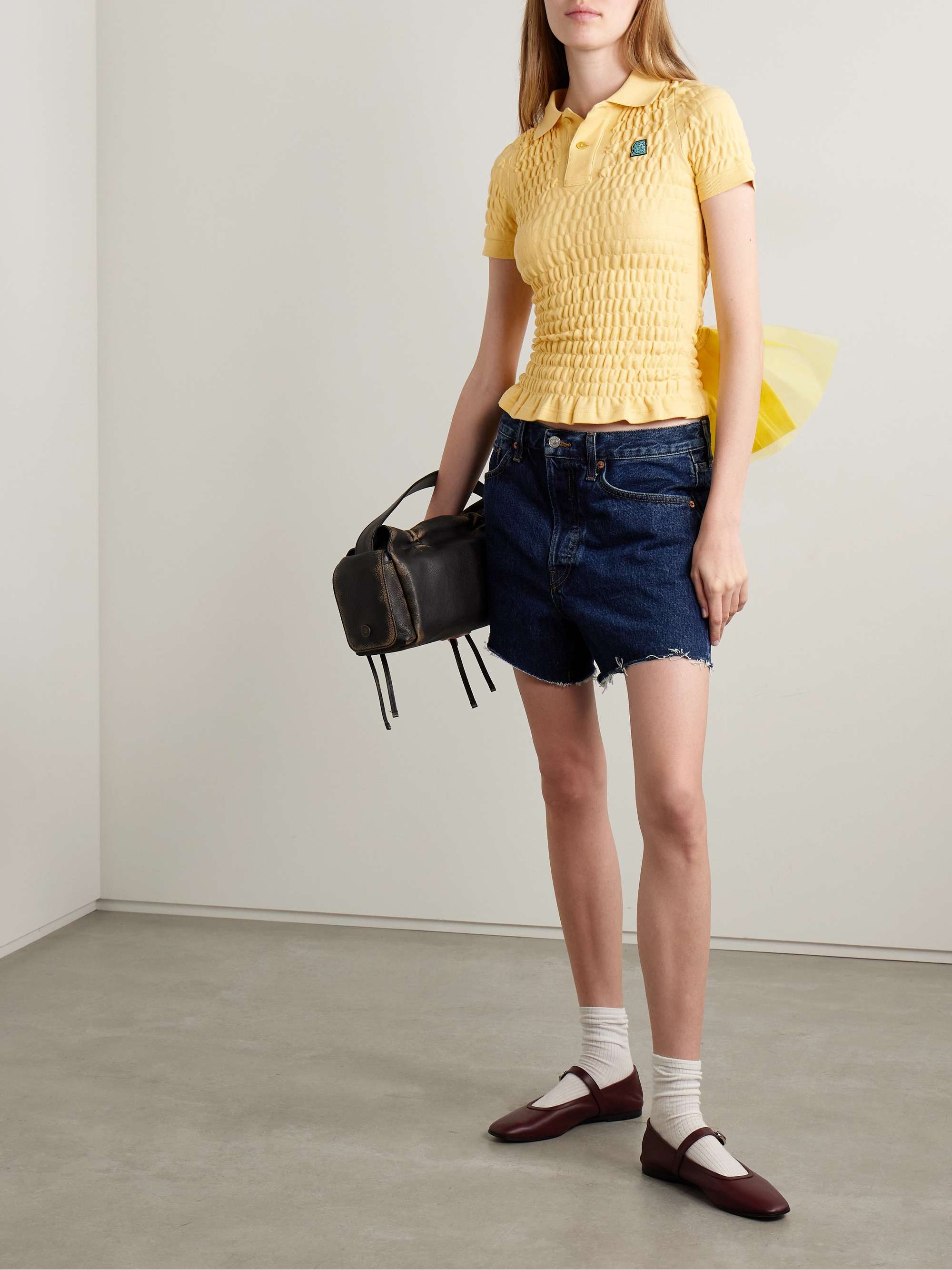 Tulle-trimmed shirred organic cotton-piqué shirt view