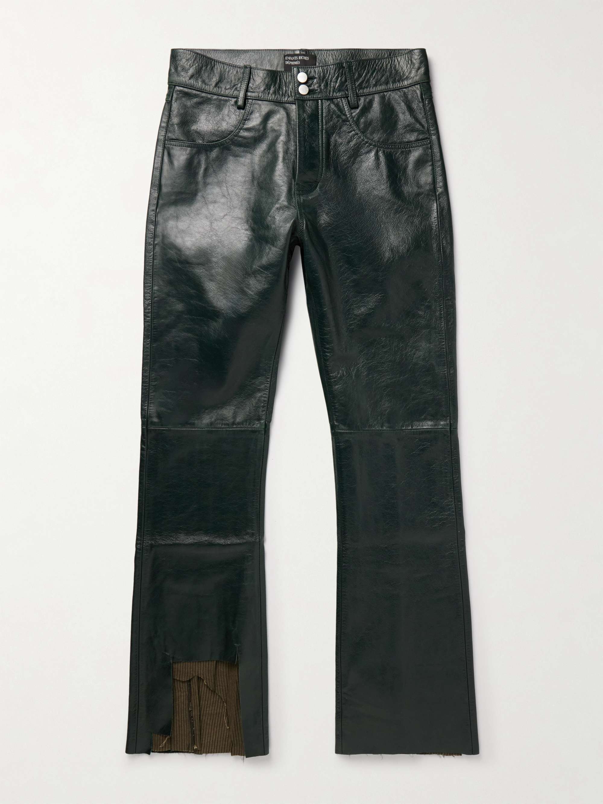 Long Night Slim-Fit Bootcut Distressed Textured-Leather and Ribbed-Knit Trousers hero visual